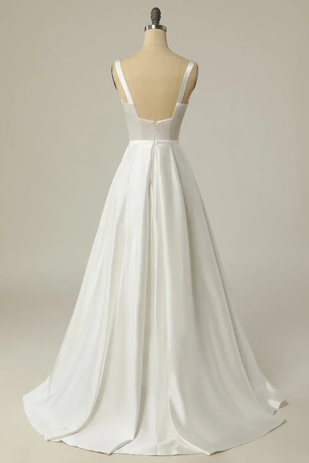 Clean Straight Square Wide Strap Gloss Satin A-Line Wedding Dress With Waist Mini Bow Low Square Back Mini Sweep Train