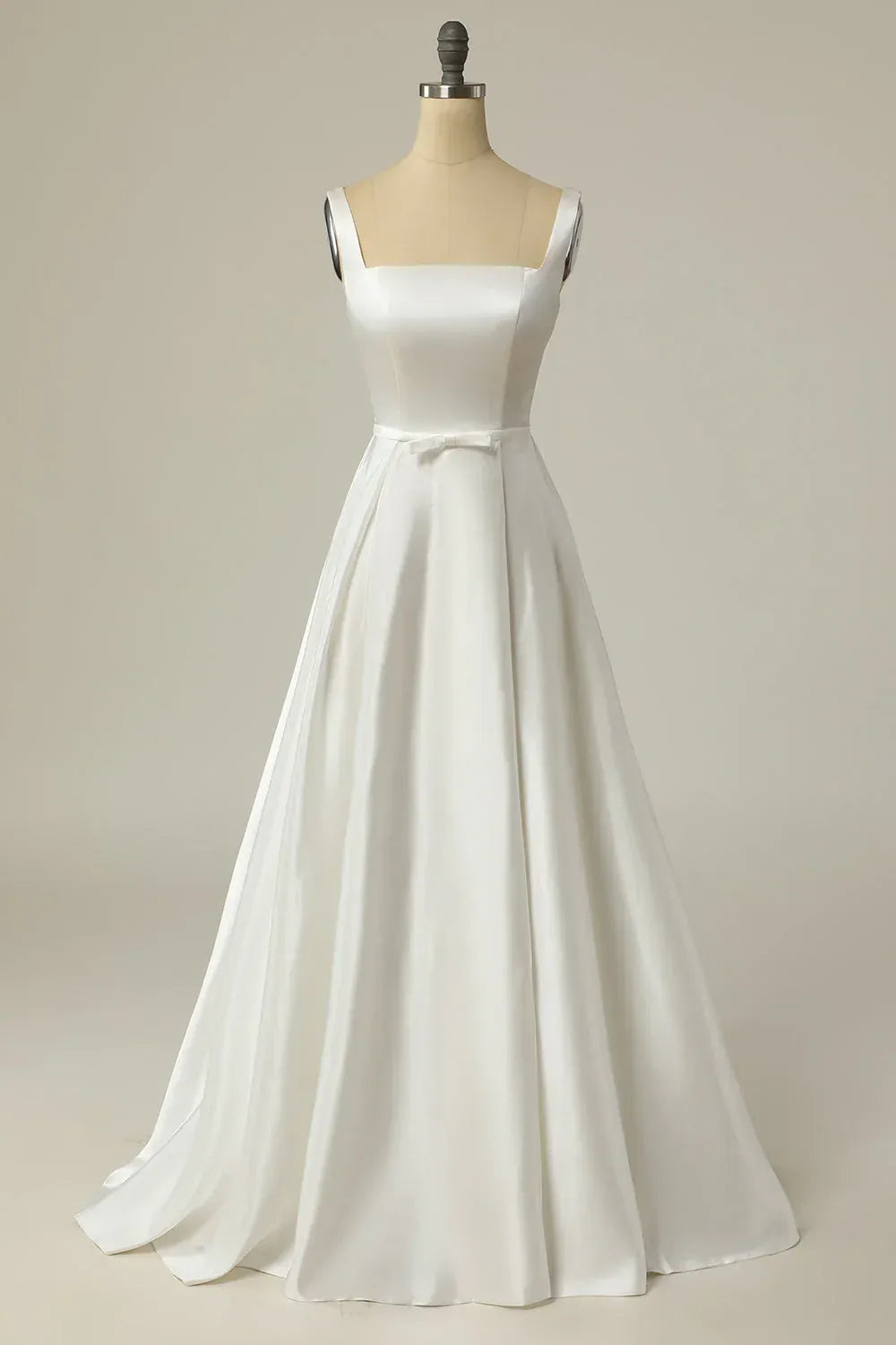 Clean Straight Square Wide Strap Gloss Satin A-Line Wedding Dress With Waist Mini Bow Low Square Back Mini Sweep Train