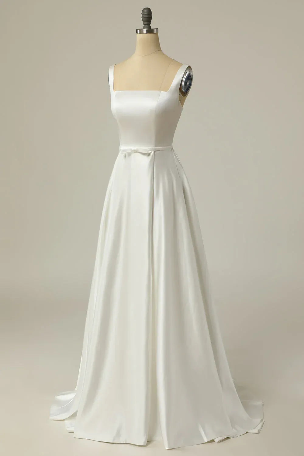 Clean Straight Square Wide Strap Gloss Satin A-Line Wedding Dress With Waist Mini Bow Low Square Back Mini Sweep Train