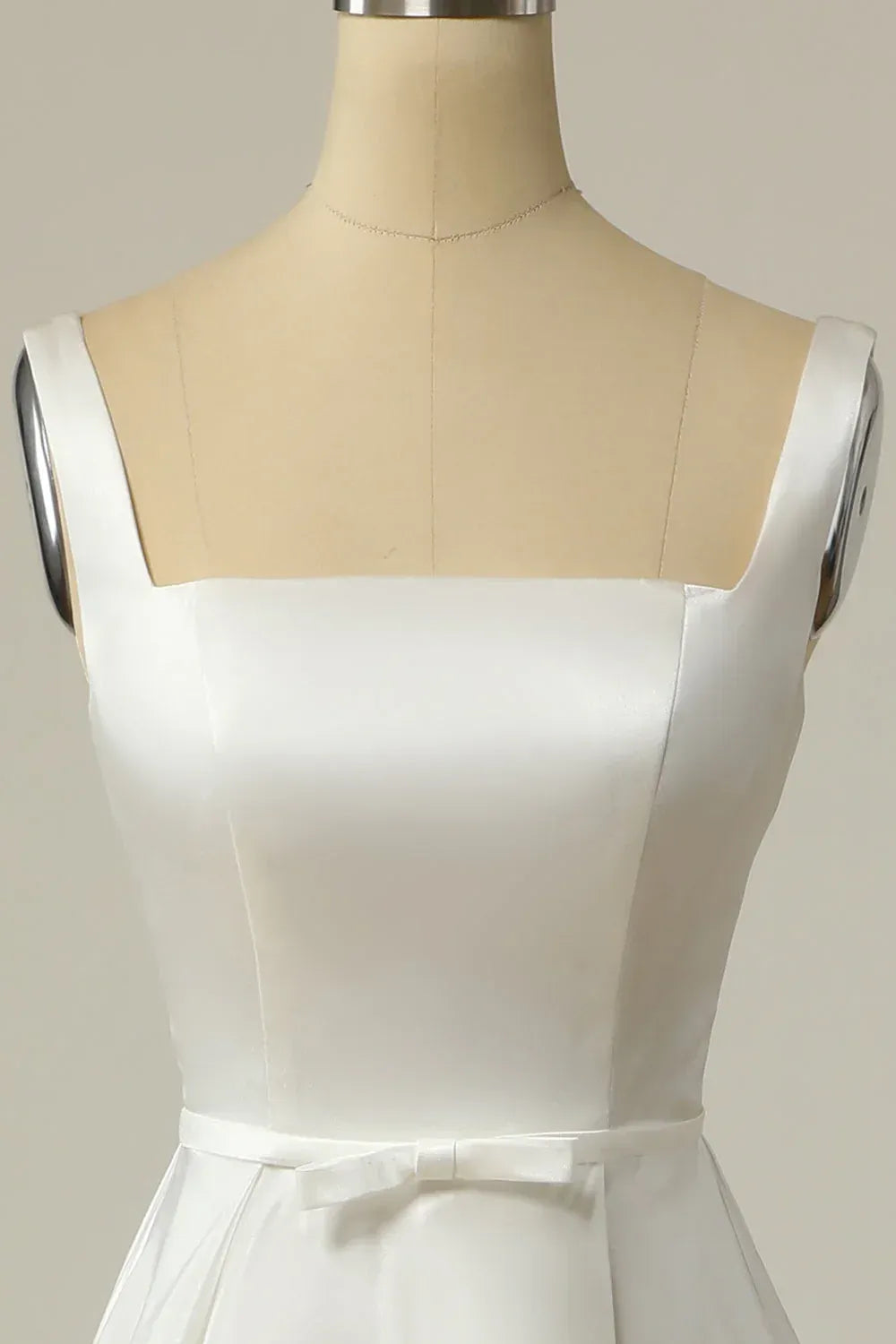 Clean Straight Square Wide Strap Gloss Satin A-Line Wedding Dress With Waist Mini Bow Low Square Back Mini Sweep Train