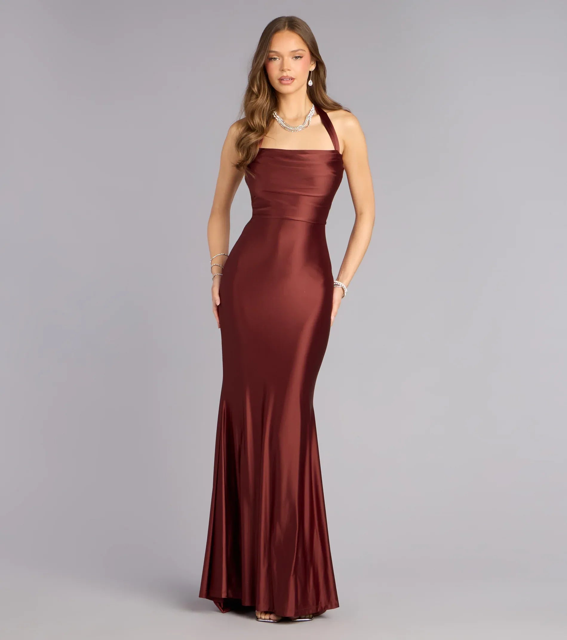 Coffee Brown Satin Mermaid Halter Lace Up Back Train Floor Length Wedding Guest Dresses