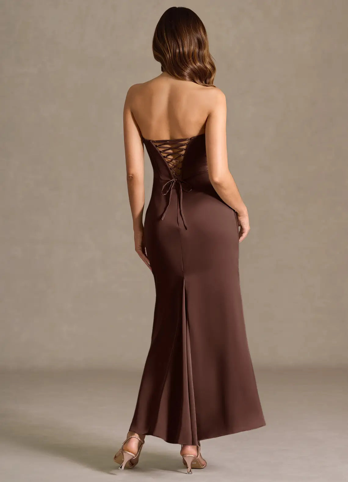 Coffee Convertible Spaghetti Strapless Corset Ruched Midi Satin Wedding Guest Dress