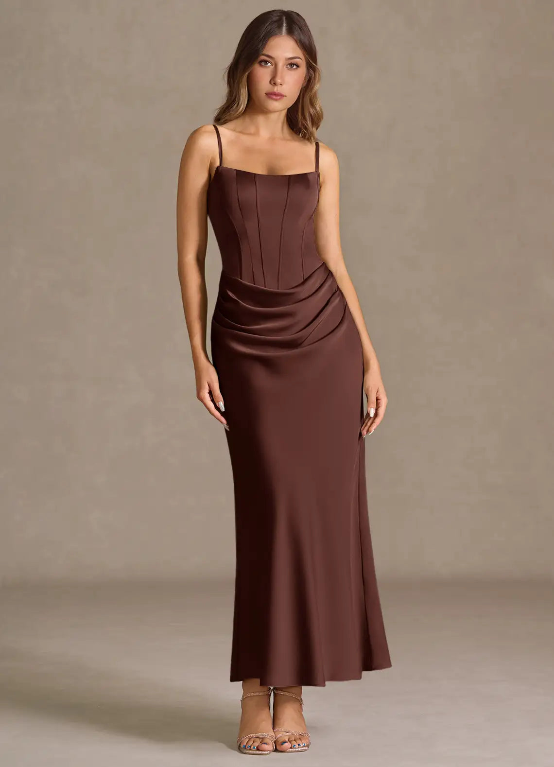 Coffee Convertible Spaghetti Strapless Corset Ruched Midi Satin Wedding Guest Dress