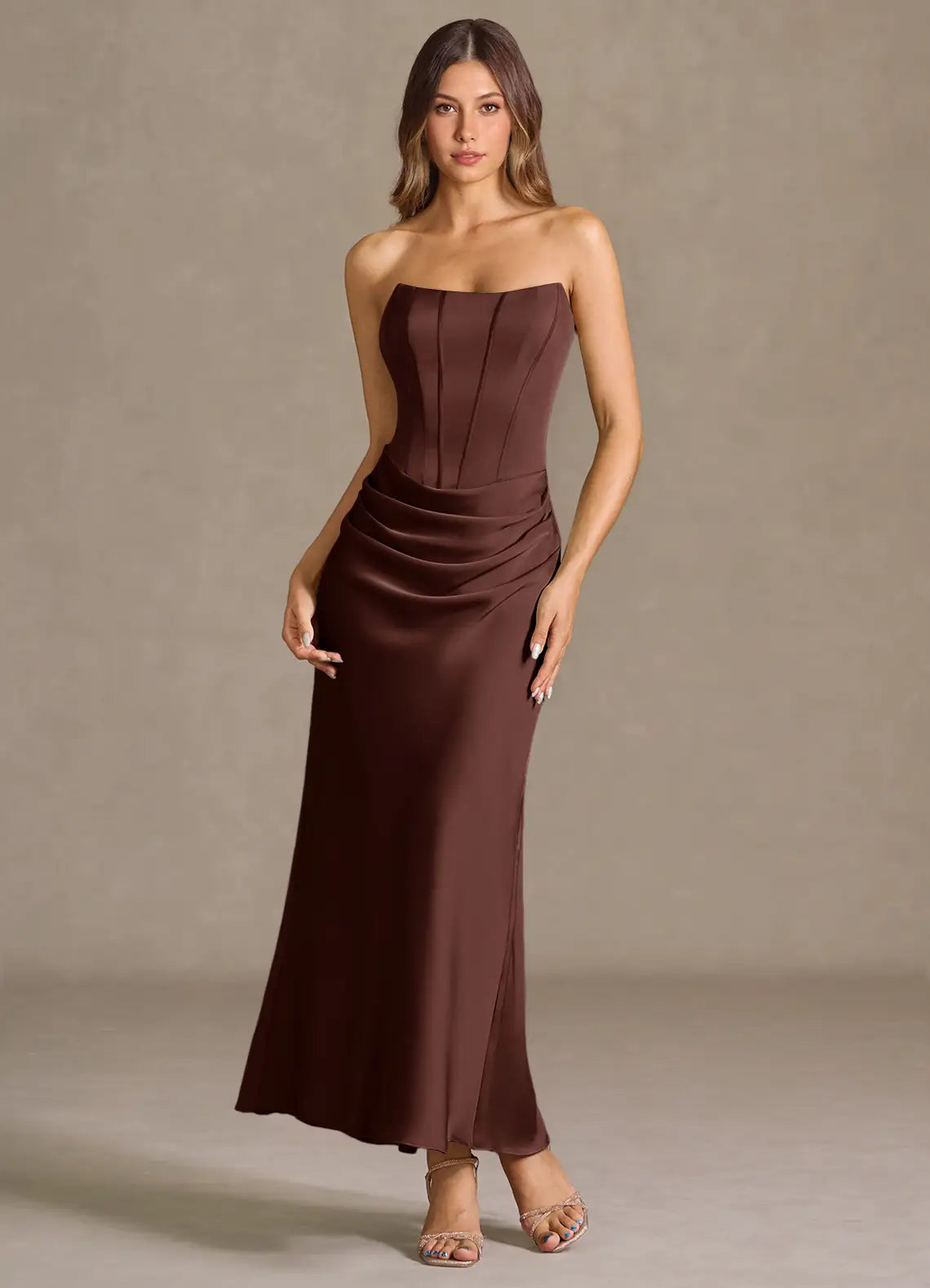 Coffee Convertible Spaghetti Strapless Corset Ruched Midi Satin Wedding Guest Dress