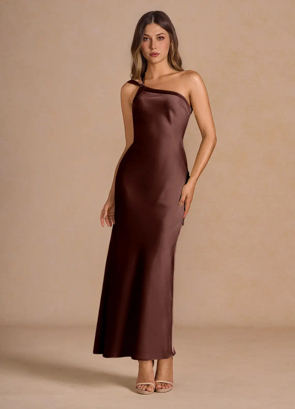 Coffee One Shoulder Cross Back Tie Side Slit Midi Satin Wedding Guest Dress