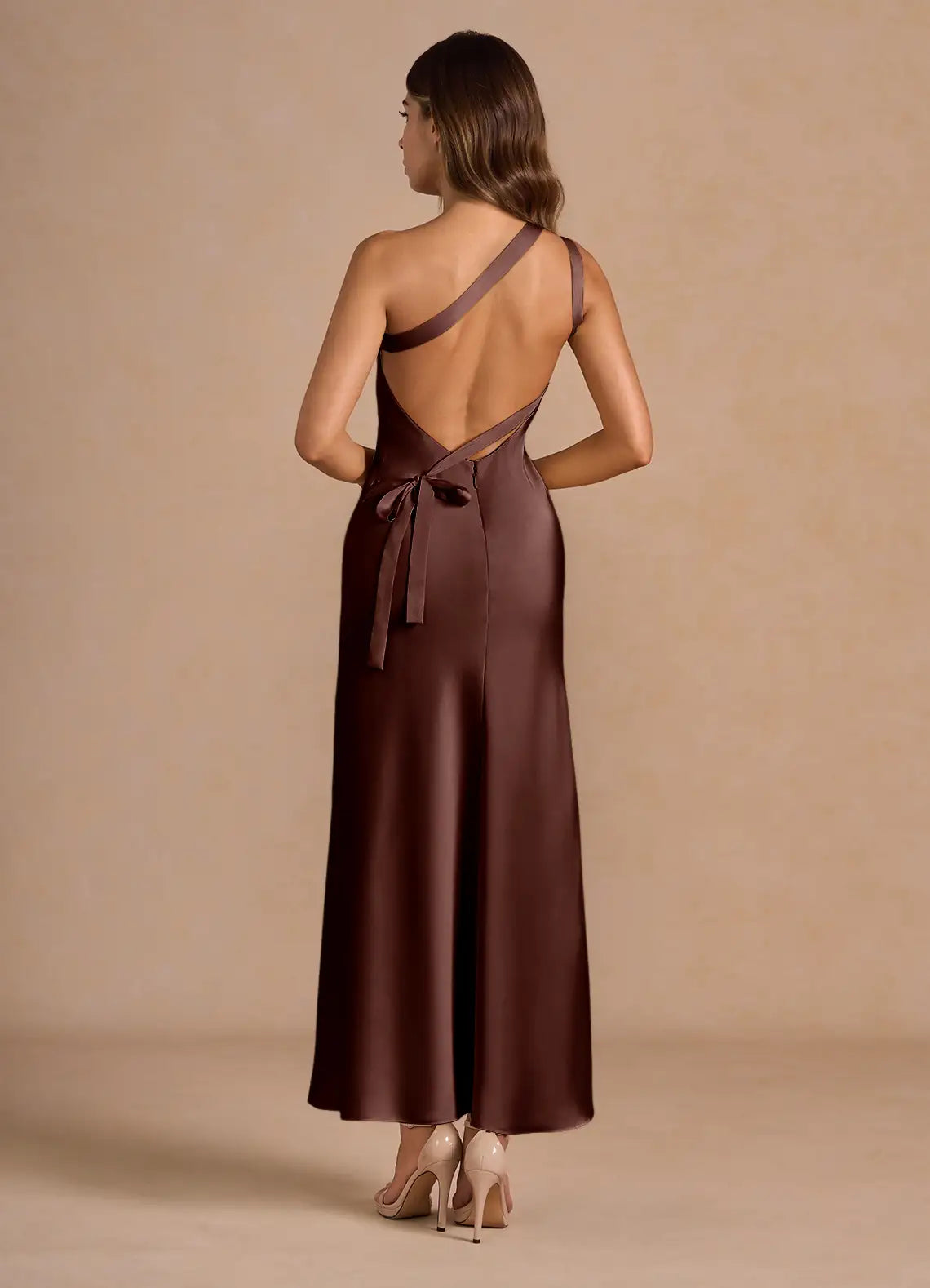 Coffee One Shoulder Cross Back Tie Side Slit Midi Satin Wedding Guest Dress