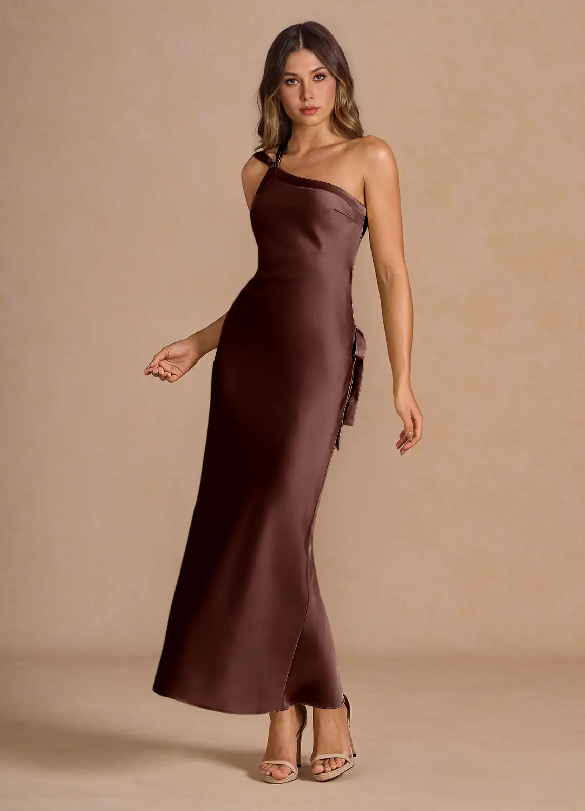 Coffee One Shoulder Cross Back Tie Side Slit Midi Satin Wedding Guest Dress