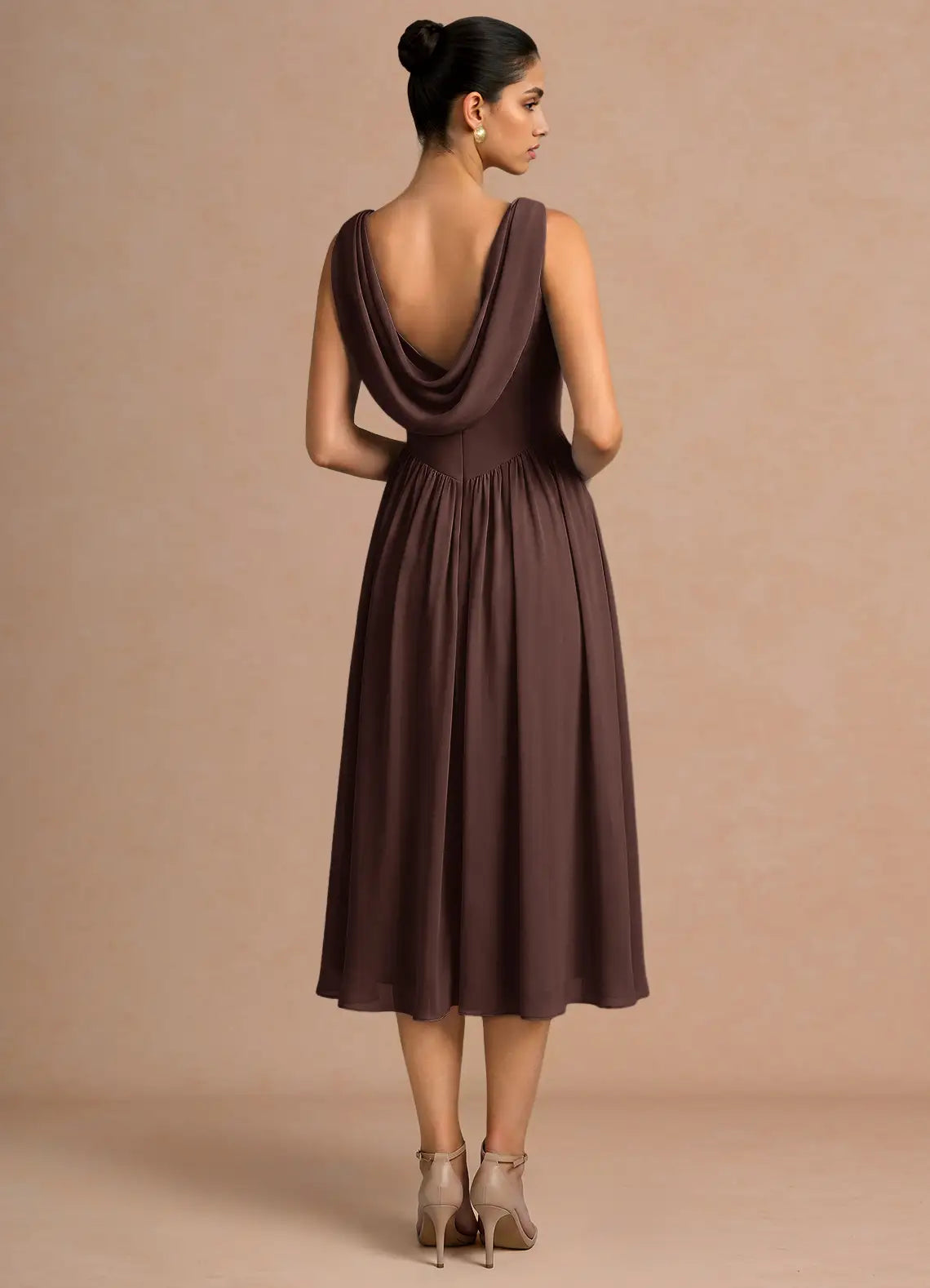 Coffee Sleeveless Cowl Back Ruched High Slit Chiffon Midi Wedding Guest Dress