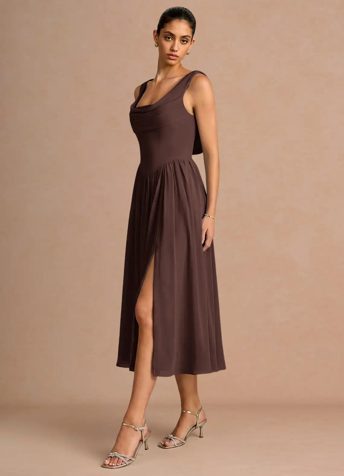 Coffee Sleeveless Cowl Back Ruched High Slit Chiffon Midi Wedding Guest Dress