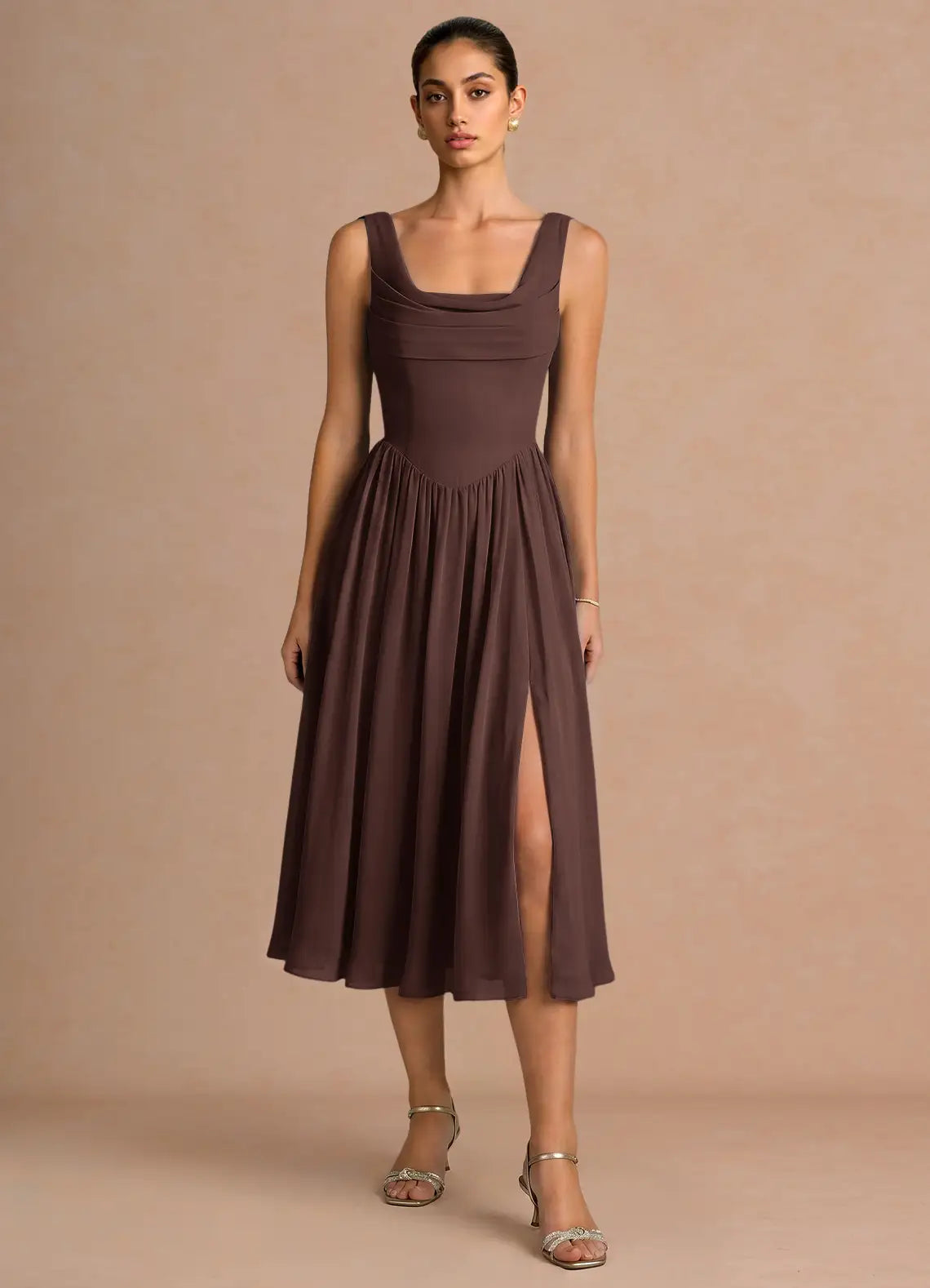 Coffee Sleeveless Cowl Back Ruched High Slit Chiffon Midi Wedding Guest Dress