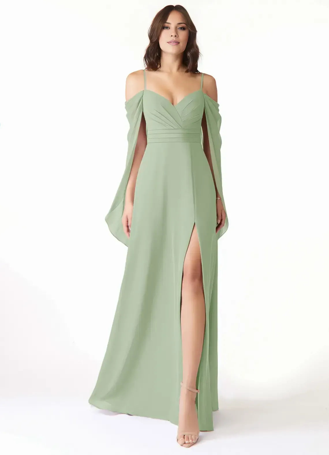 Cold Shoulder Cape Sleeve Pleated High Slit A Line Chiffon Bridesmaid Dress