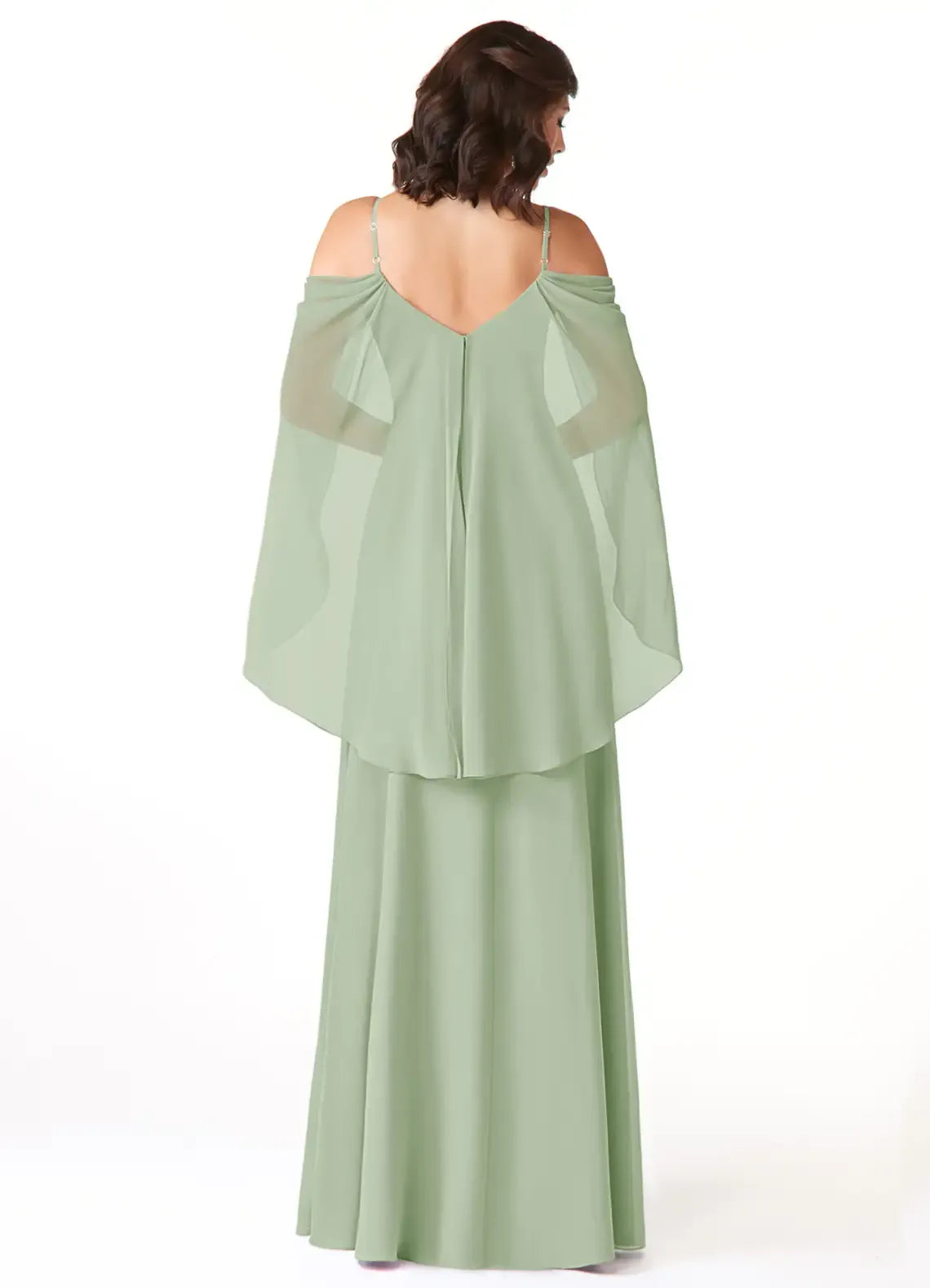 Cold Shoulder Cape Sleeve Pleated High Slit A Line Chiffon Bridesmaid Dress