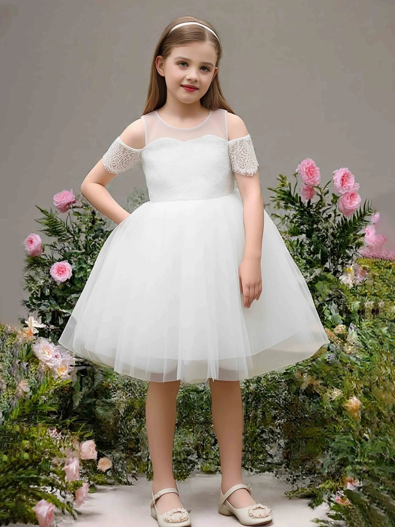 Cold Shoulder Lace Short Sleeve Round Sheer Mesh Back White Tulle Midi Flower Girl Dresses