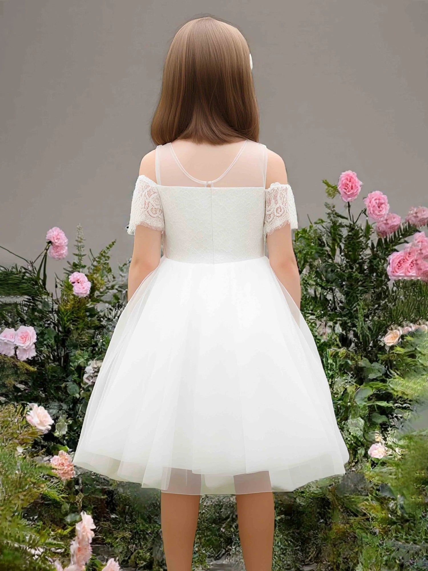 Cold Shoulder Lace Short Sleeve Round Sheer Mesh Back White Tulle Midi Flower Girl Dresses