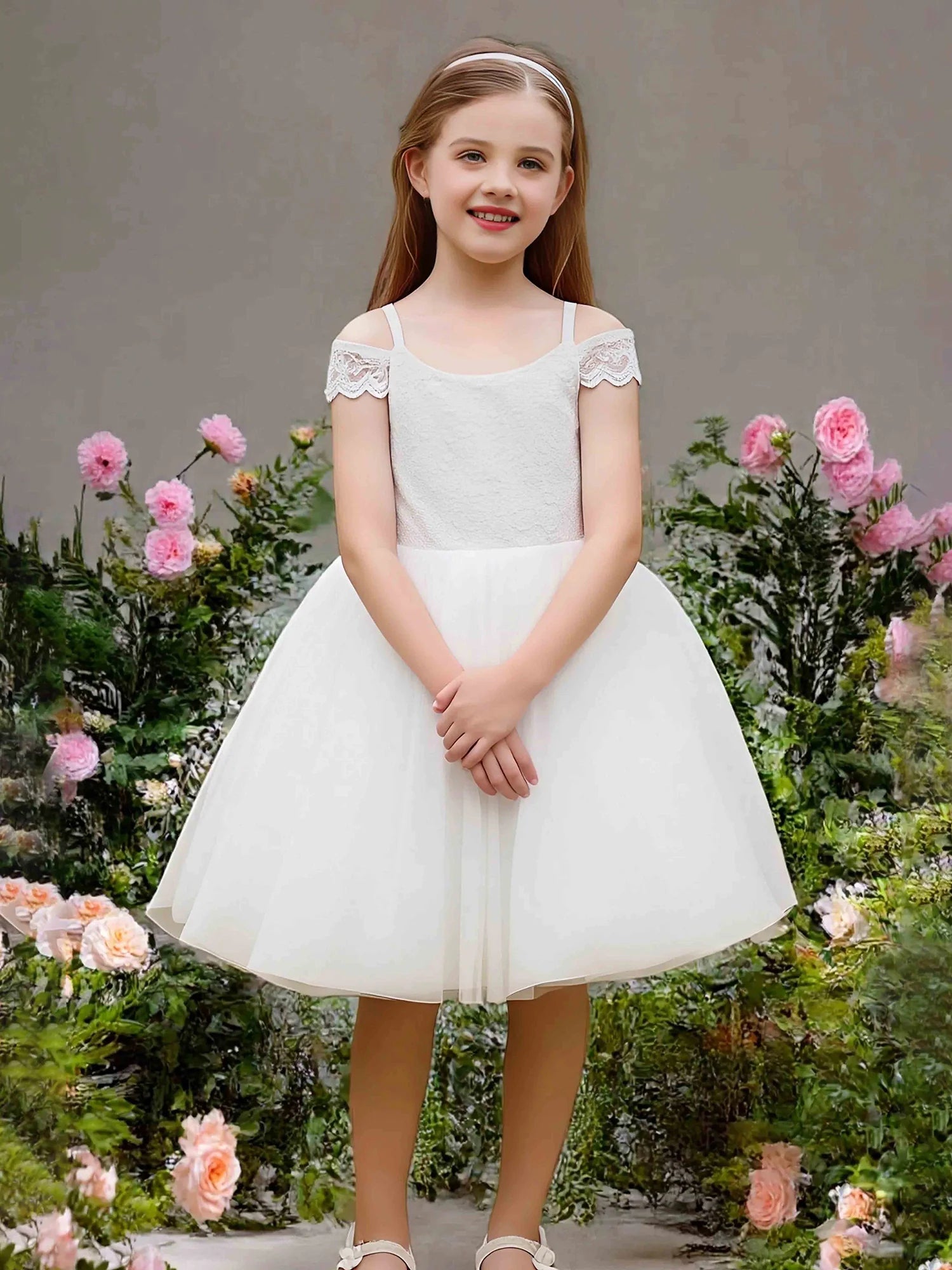 Cold Shoulder Lace Spaghetti Strap U Back White Tulle Midi Flower Girl Dresses