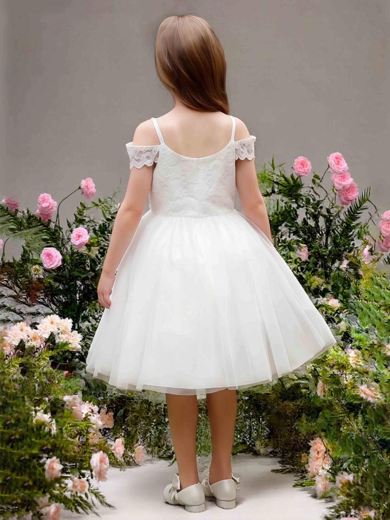 Cold Shoulder Lace Spaghetti Strap U Back White Tulle Midi Flower Girl Dresses