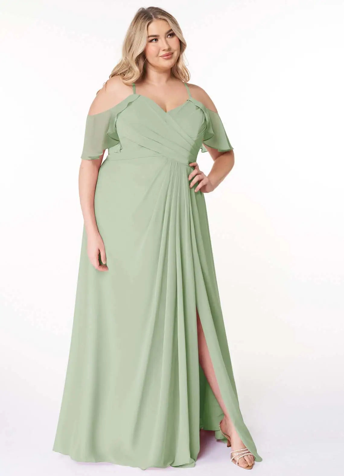 Cold Shoulder Ruffle Sleeve Slit Floor-Length Plus Size Bridesmaid Dress