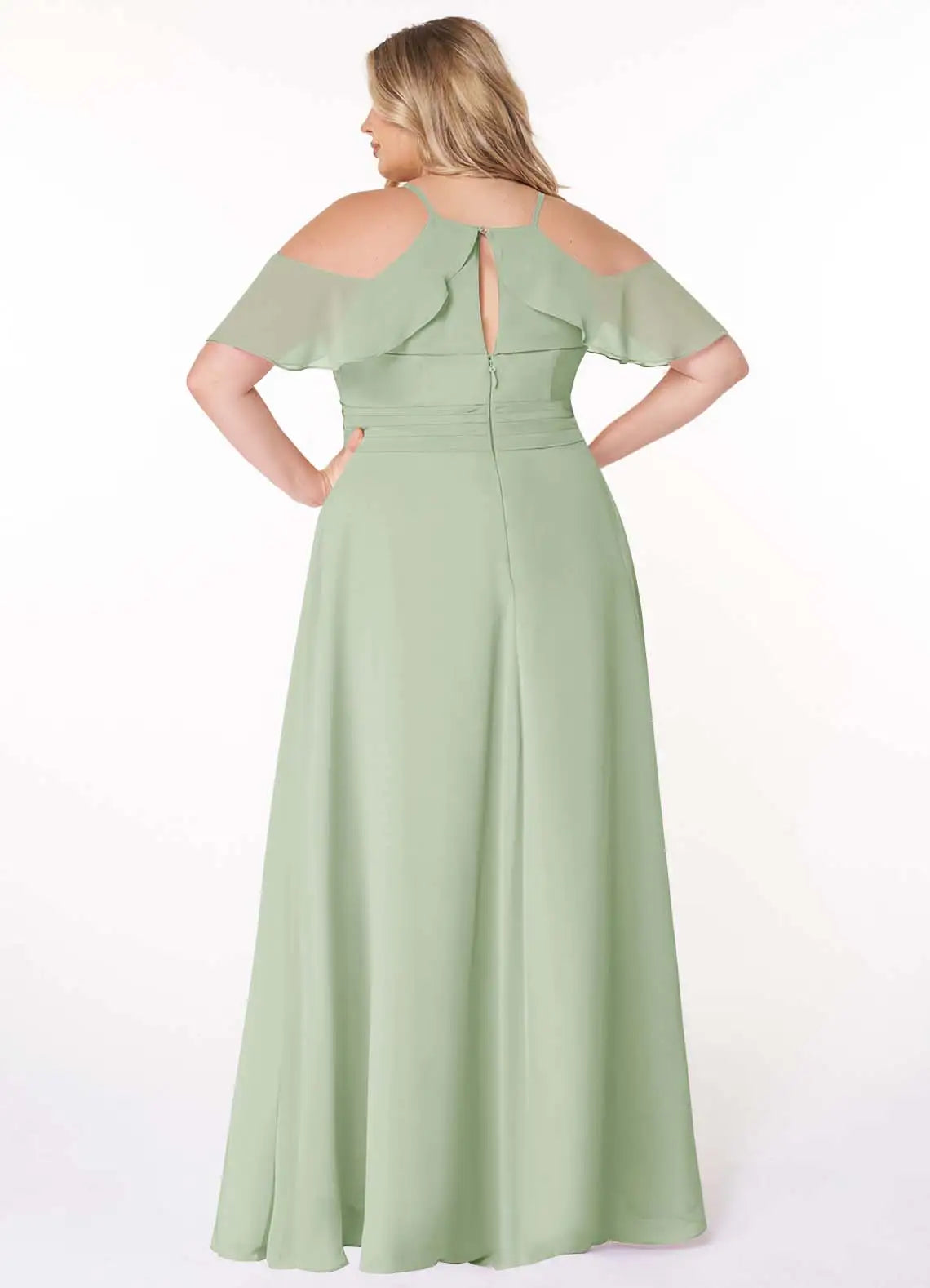 Cold Shoulder Ruffle Sleeve Slit Floor-Length Plus Size Bridesmaid Dress