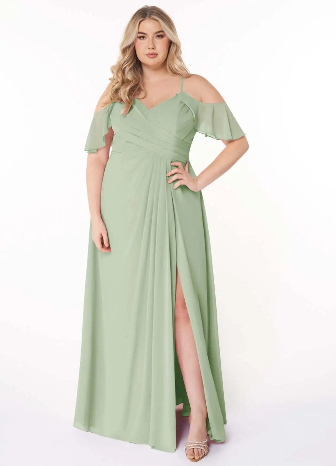 Cold Shoulder Ruffle Sleeve Slit Floor-Length Plus Size Bridesmaid Dress