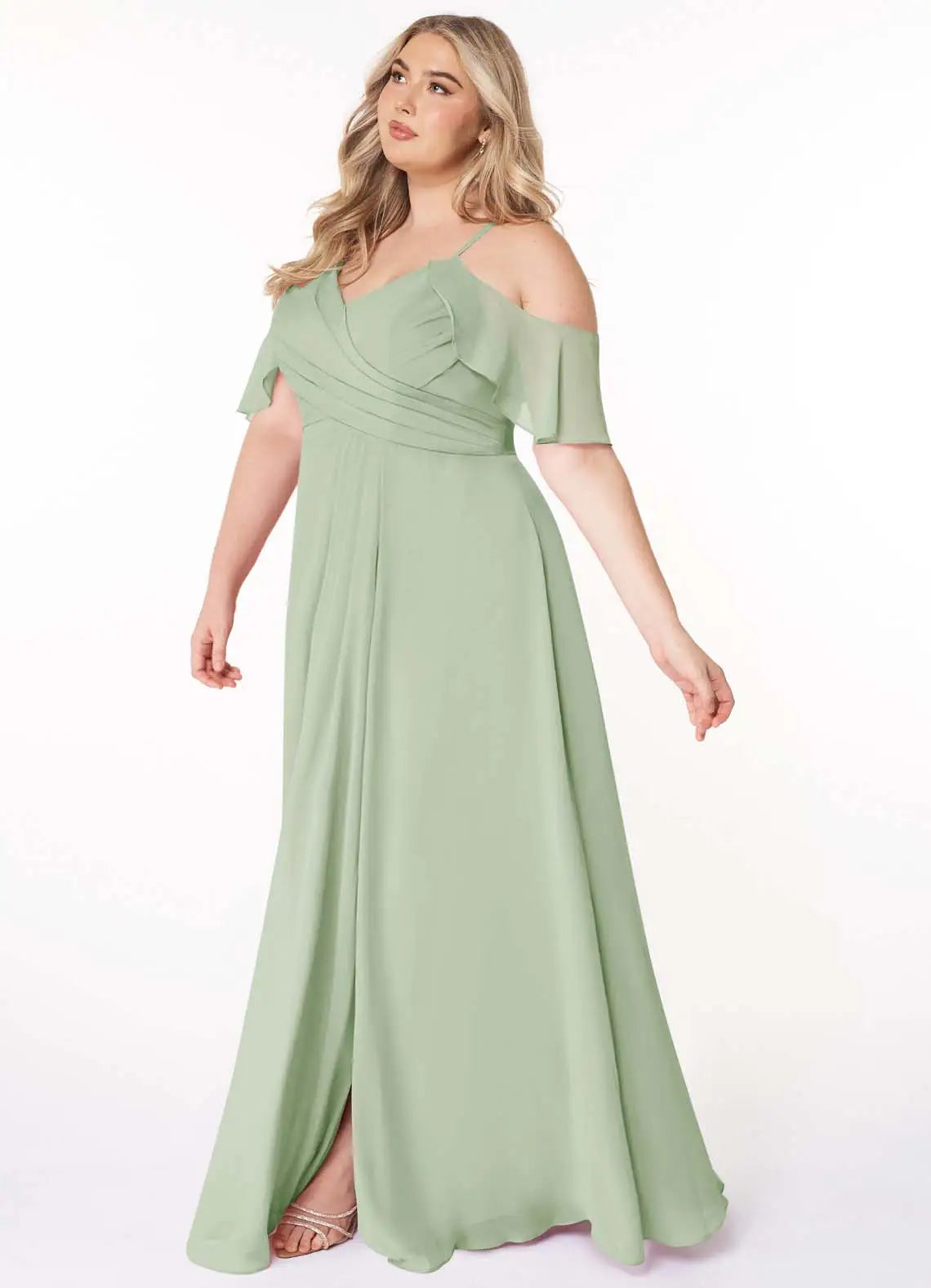 Cold Shoulder Ruffle Sleeve Slit Floor-Length Plus Size Bridesmaid Dress