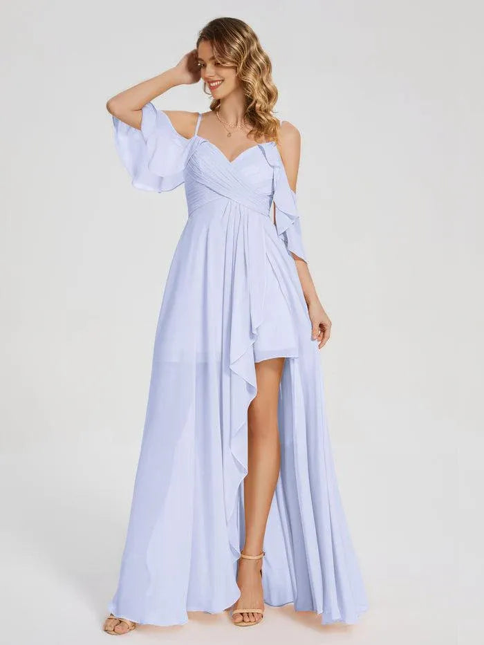 Cold Shoulder Ruffle Sleeve Sweetheart Ruched High Slit Skort Chiffon Long Bridesmaid Dress