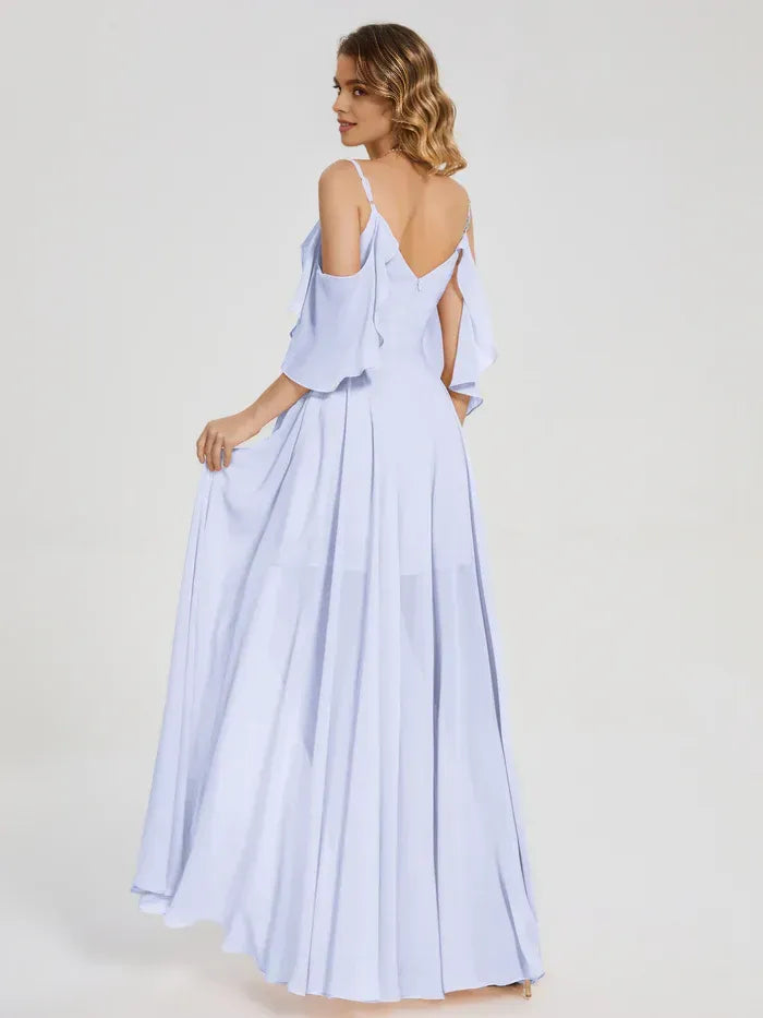 Cold Shoulder Ruffle Sleeve Sweetheart Ruched High Slit Skort Chiffon Long Bridesmaid Dress