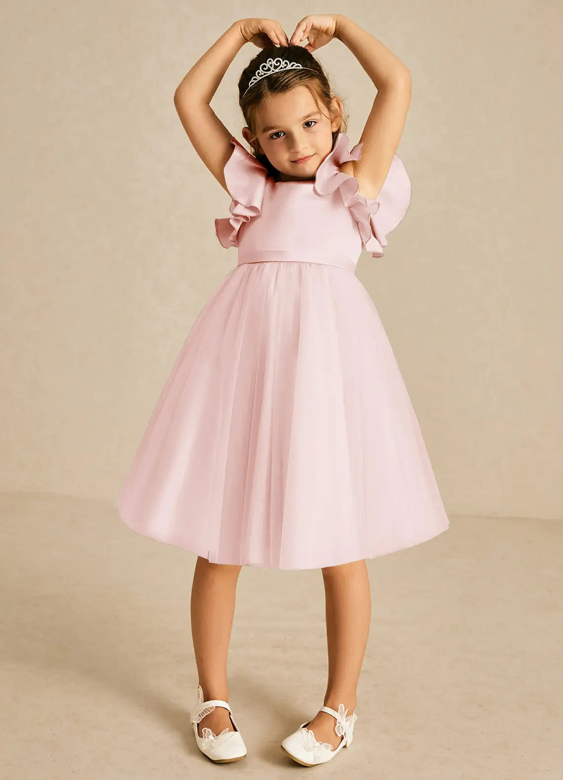 Ruffle Cold Shoulder Square V-Back Big Self-Tie Bow Blush Pink Tulle Midi Flower Girl Dresses