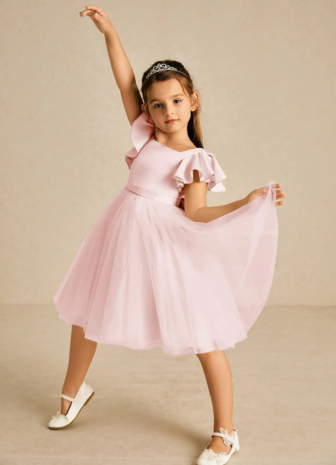 Ruffle Cold Shoulder Square V-Back Big Self-Tie Bow Blush Pink Tulle Midi Flower Girl Dresses