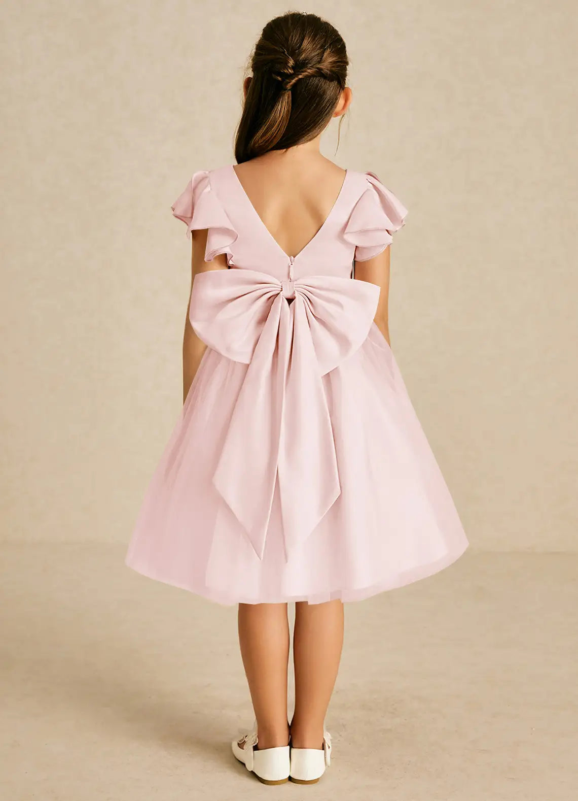 Ruffle Cold Shoulder Square V-Back Big Self-Tie Bow Blush Pink Tulle Midi Flower Girl Dresses