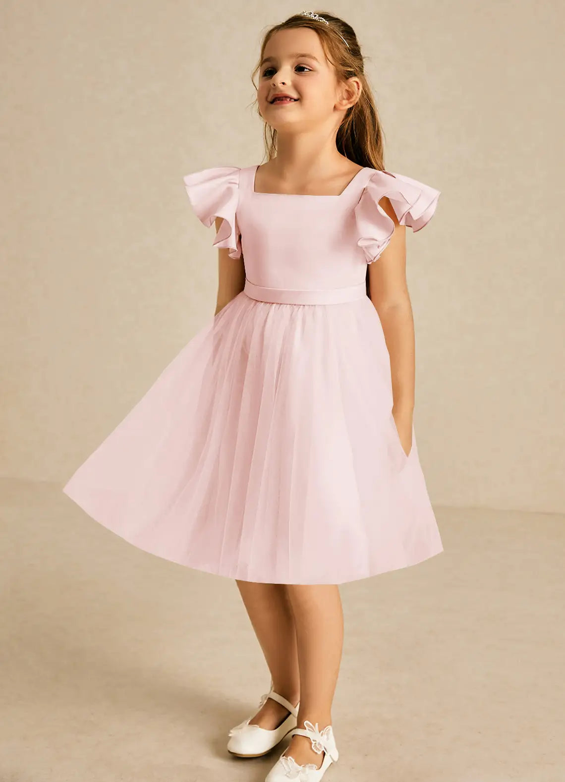 Ruffle Cold Shoulder Square V-Back Big Self-Tie Bow Blush Pink Tulle Midi Flower Girl Dresses