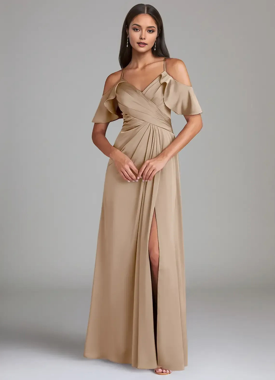 Cold Shoulder Ruffle Wrap High Slit A Line Satin Long Bridesmaid Dress
