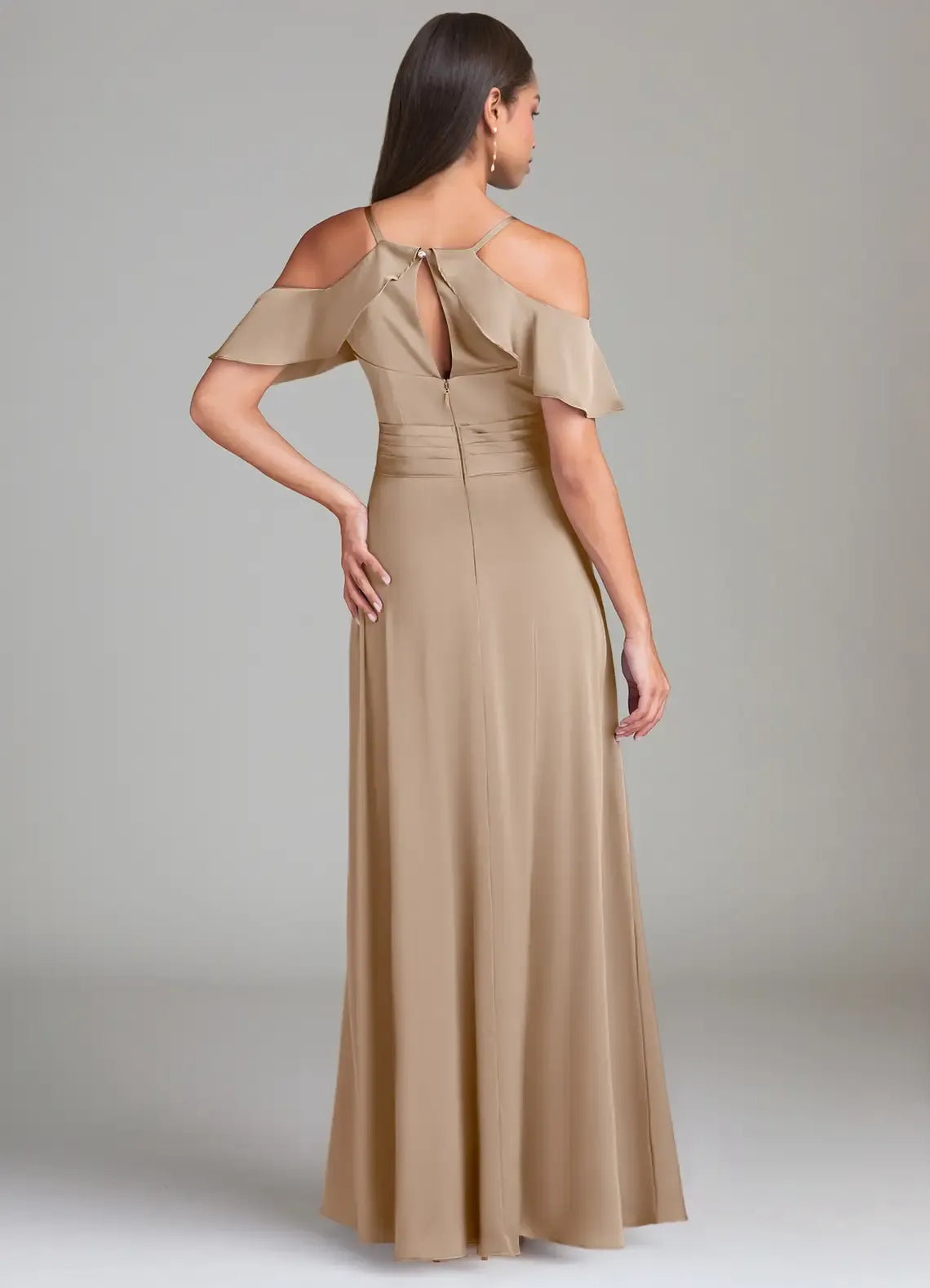 Cold Shoulder Ruffle Wrap High Slit A Line Satin Long Bridesmaid Dress