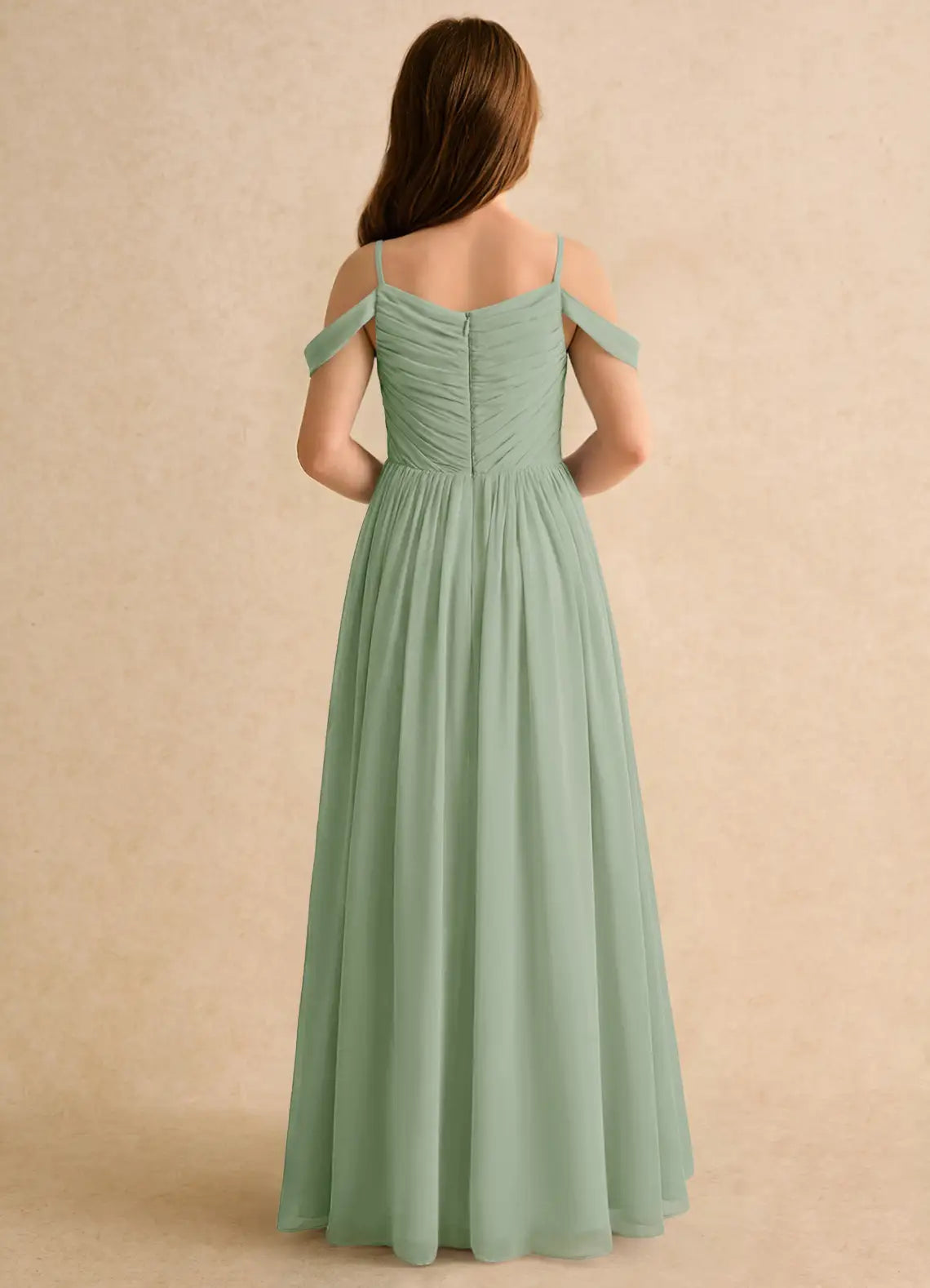 Cold Shoulder Spaghetti Strap Ruched V-Back Sage Chiffon Full Length Junior Bridesmaid Dresses