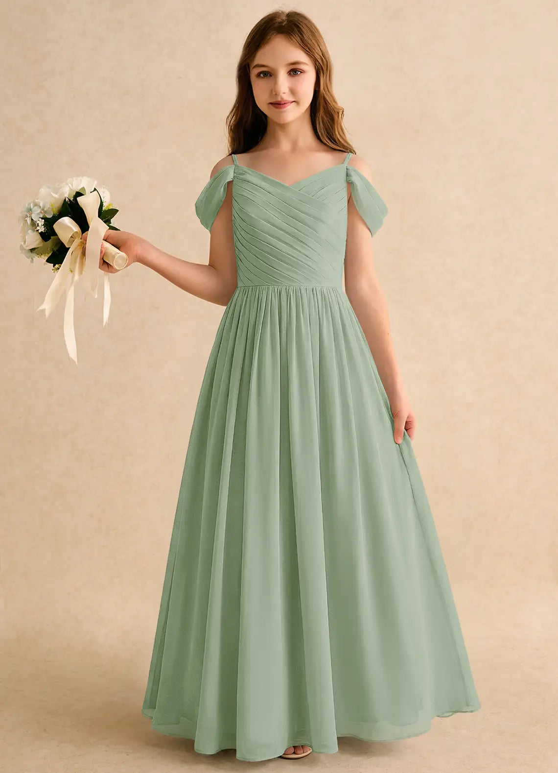 Cold Shoulder Spaghetti Strap Ruched V-Back Sage Chiffon Full Length Junior Bridesmaid Dresses