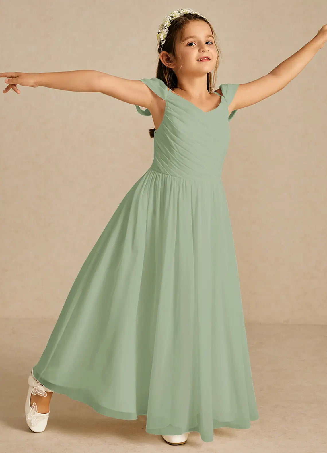 Cold Shoulder V Neck Sage Green Chiffon Full-Length Flower Girl Dresses