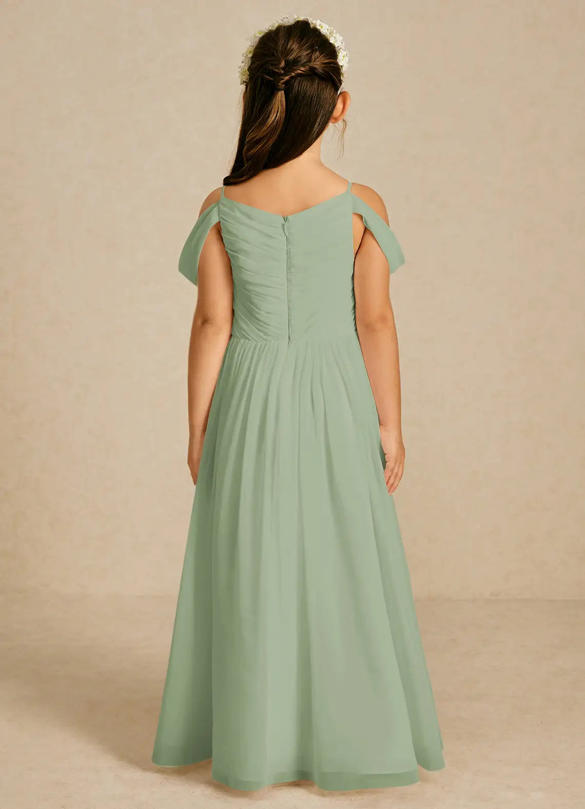 Cold Shoulder V Neck Sage Green Chiffon Full-Length Junior Bridesmaid Dresses