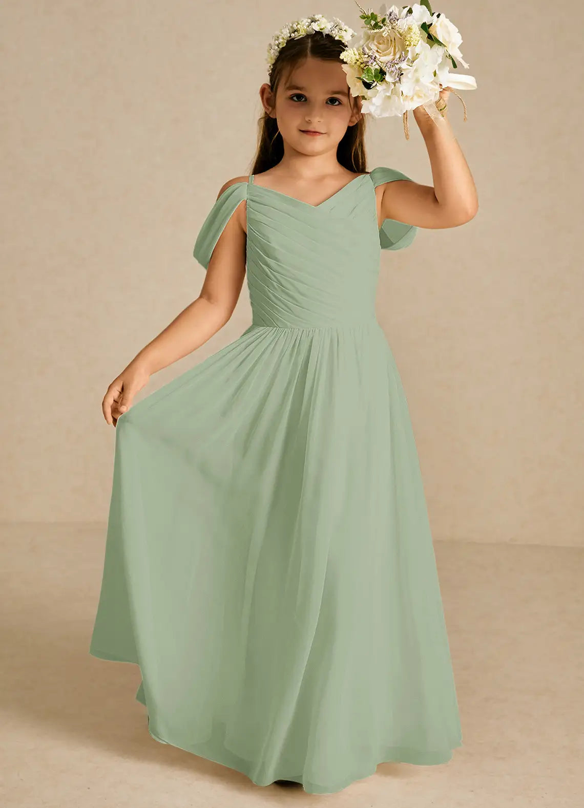 Cold Shoulder V Neck Sage Green Chiffon Full-Length Junior Bridesmaid Dresses