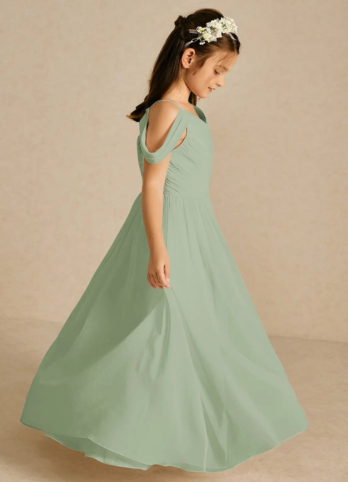 Cold Shoulder V Neck Sage Green Chiffon Full-Length Junior Bridesmaid Dresses