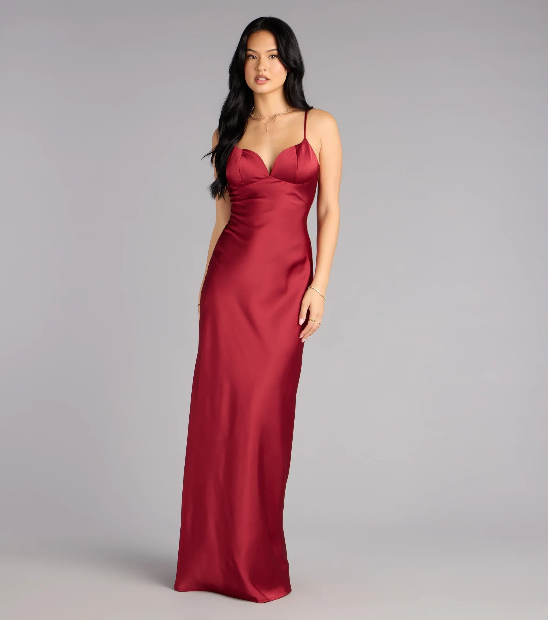 Column Spaghetti Sweetheart Zip-Back Satin Maxi Wedding Guest Dress