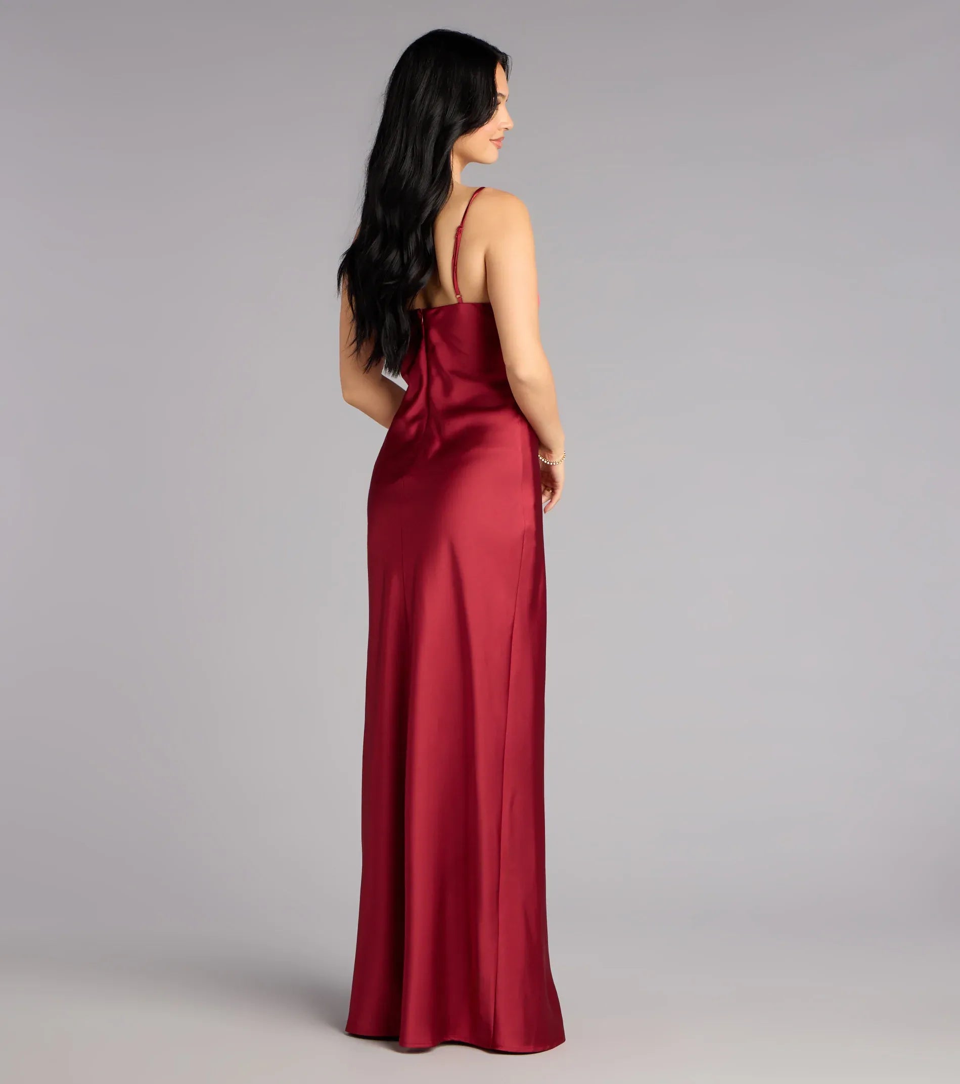 Column Spaghetti Sweetheart Zip-Back Satin Maxi Wedding Guest Dress
