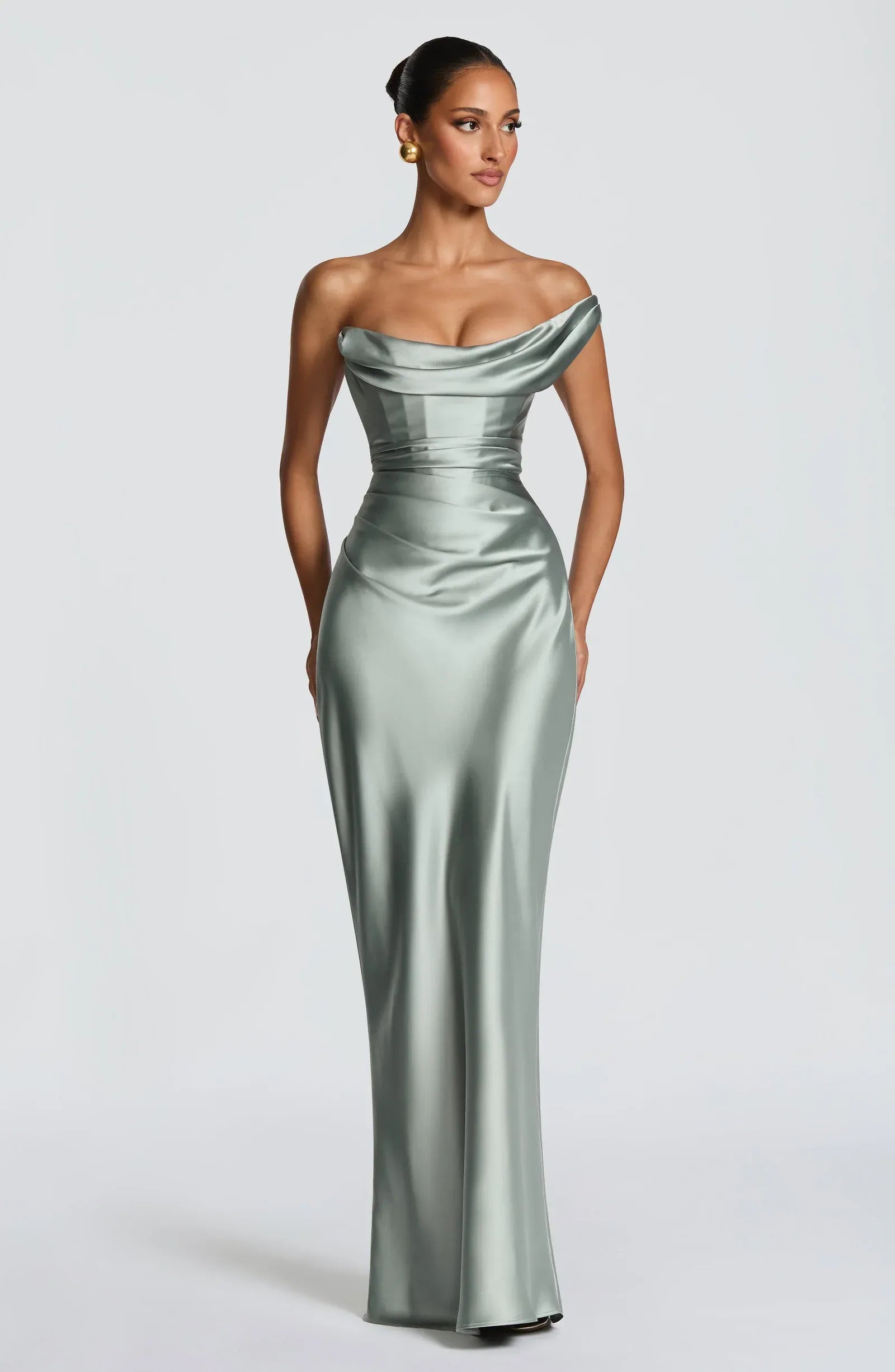 Convertible Off Shoulder Cowl Draped Corset Sage Satin Mermaid Maxi Wedding Guest Dresses