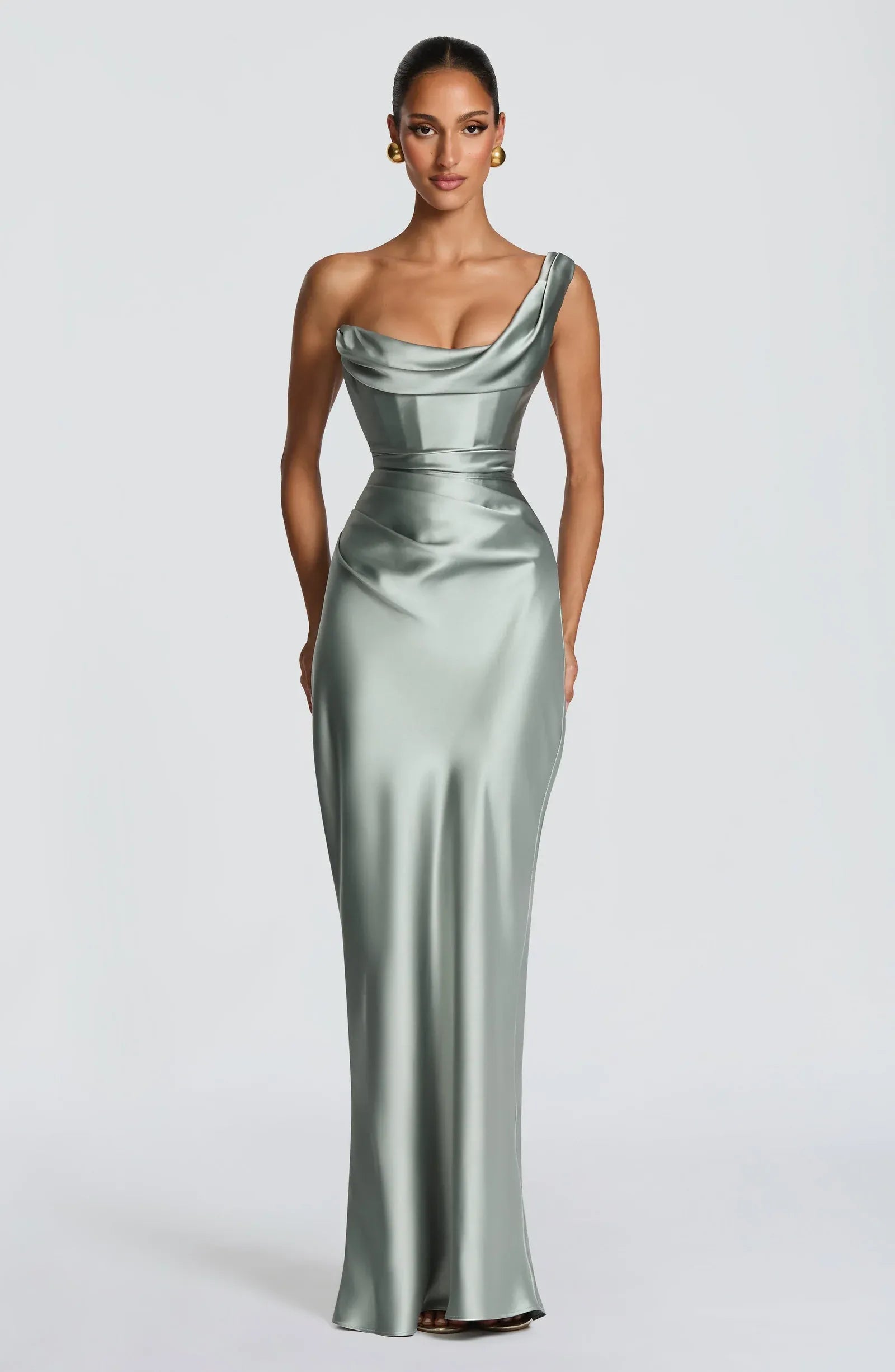 Convertible Off Shoulder Cowl Draped Corset Sage Satin Mermaid Maxi Wedding Guest Dresses