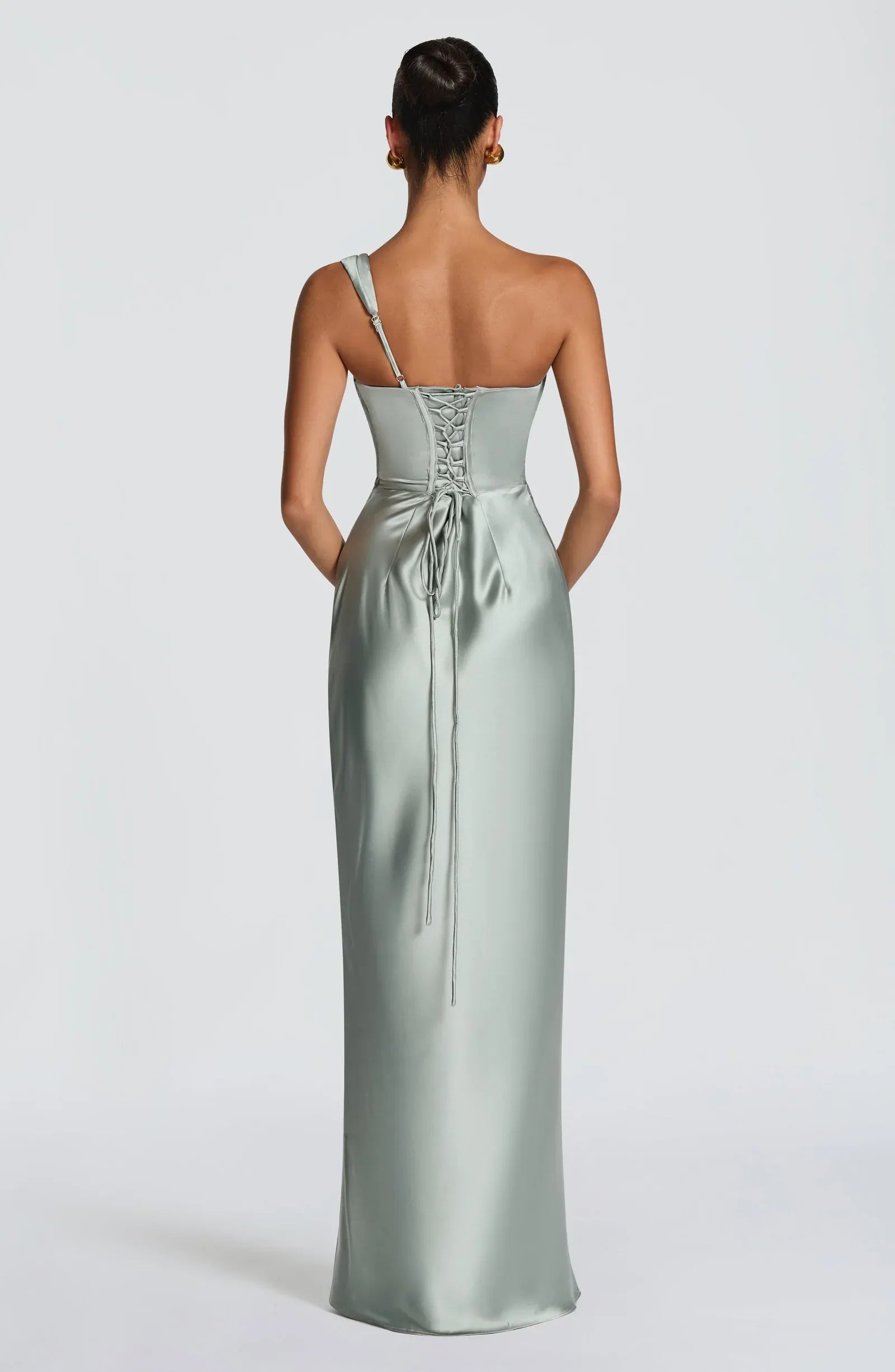 Convertible Off Shoulder Cowl Draped Corset Sage Satin Mermaid Maxi Wedding Guest Dresses
