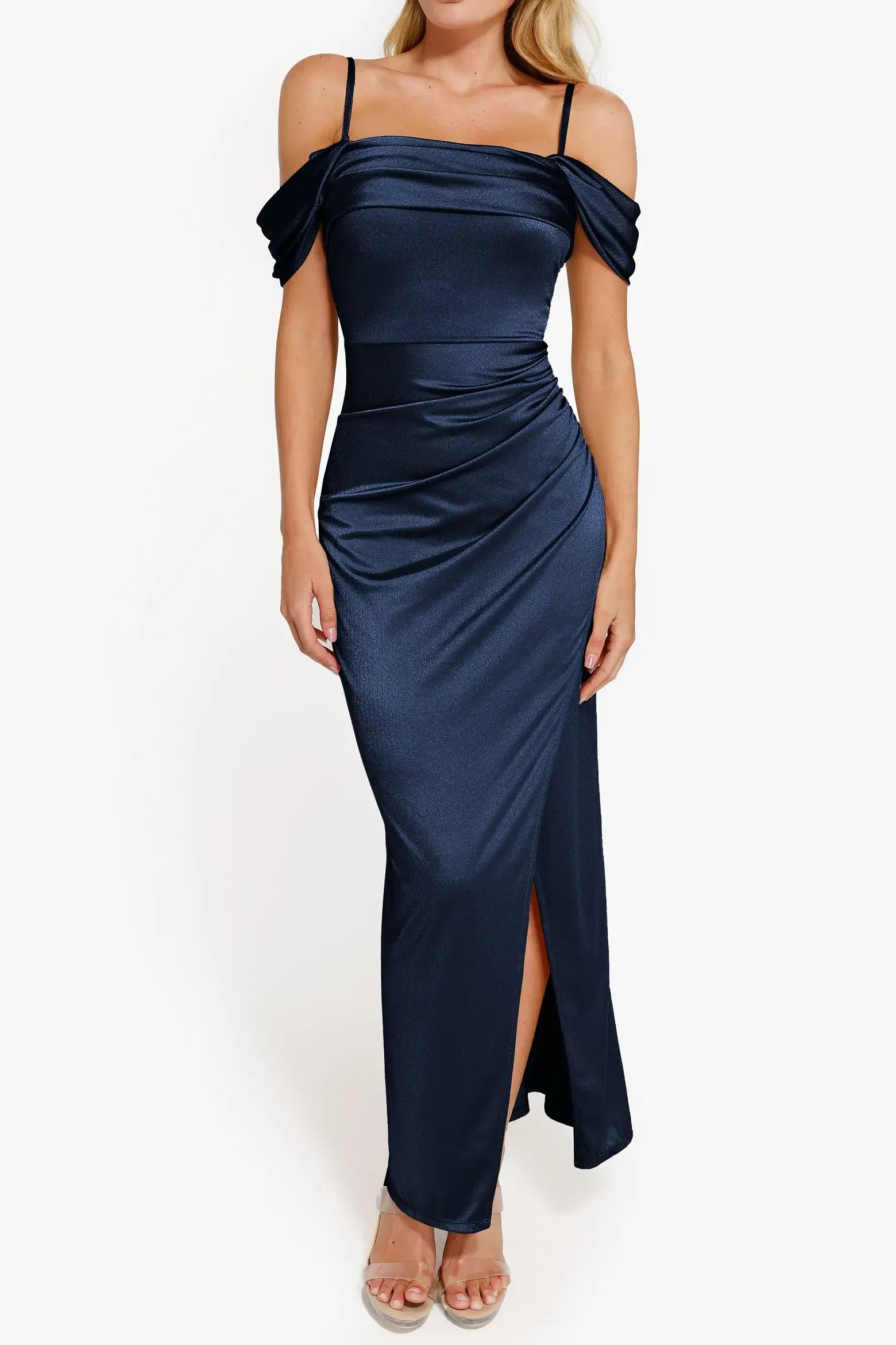 Convertible Off Shoulder Square Neck Ruched Waist High Slit Navy Satin Mermaid Maxi Wedding Guest Dresses