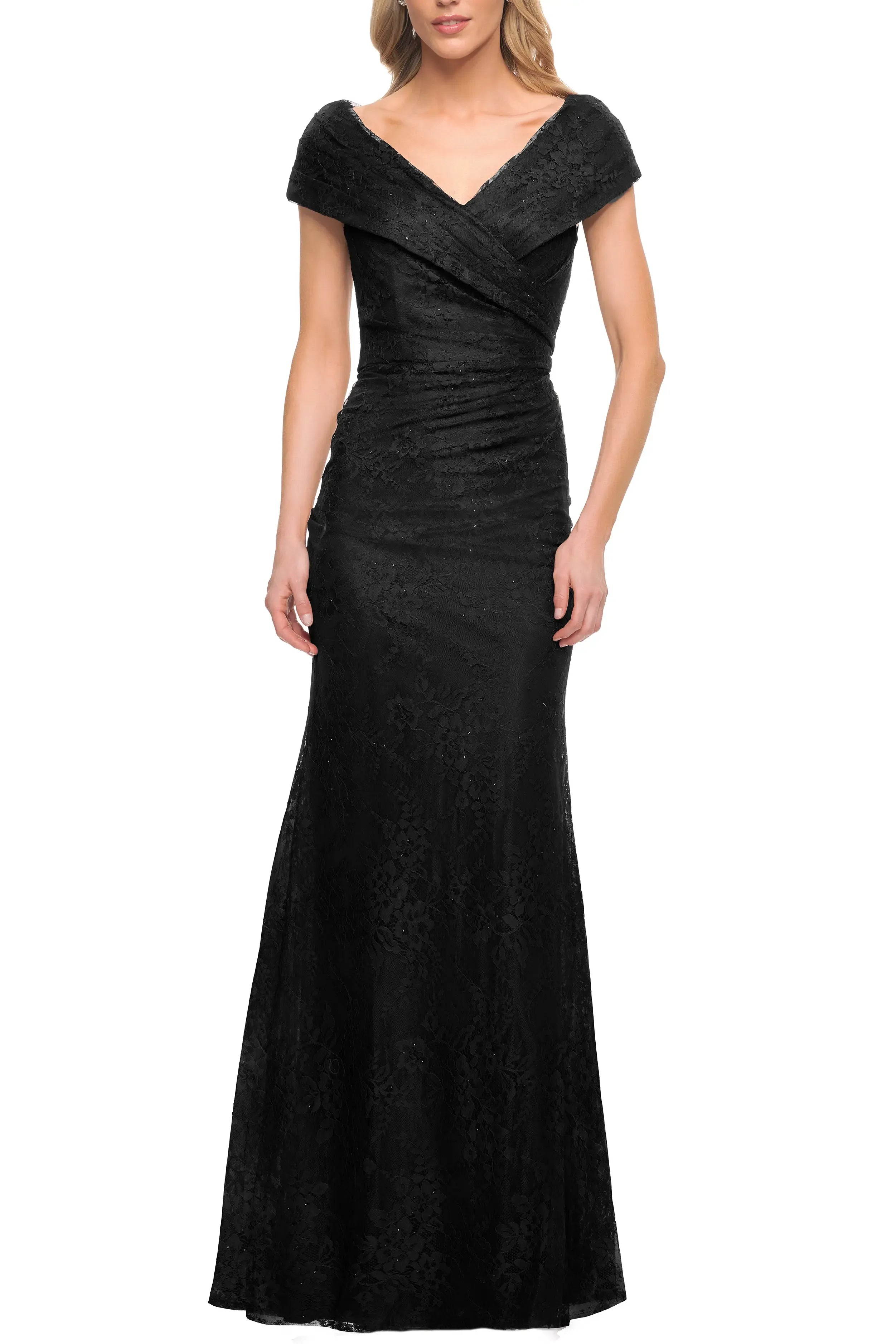 Convertible Off Shoulder V Neck Ruched Waist Plain Back Train Black Satin Lace Mermaid Maxi Wedding Guest Dresses