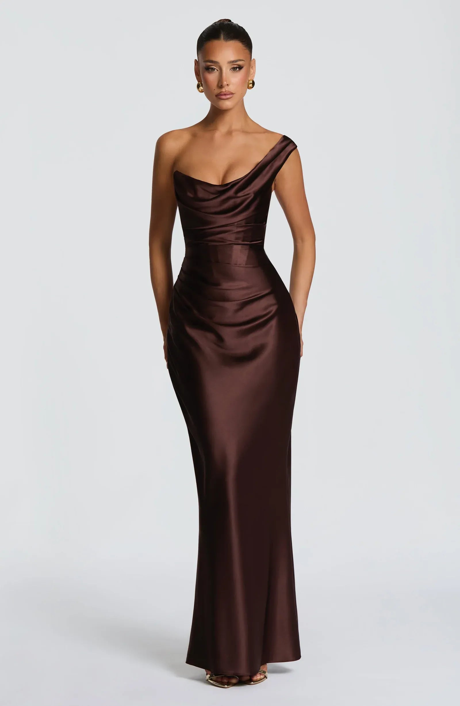 Convertible One Shoulder Cowl Ruched Waist Dark Brown Satin Mermaid Maxi Wedding Guest Dresses