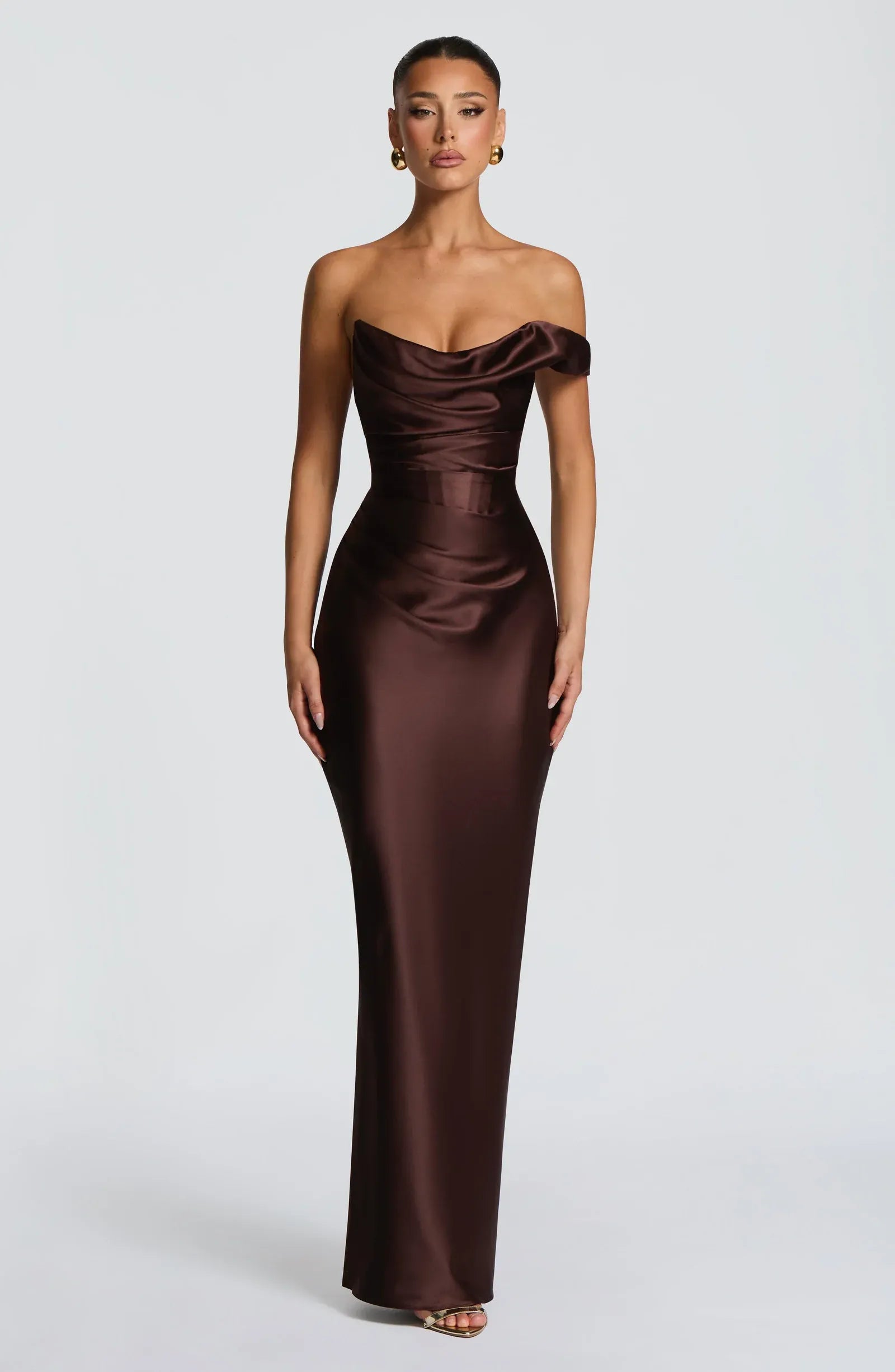 Convertible One Shoulder Cowl Ruched Waist Dark Brown Satin Mermaid Maxi Wedding Guest Dresses