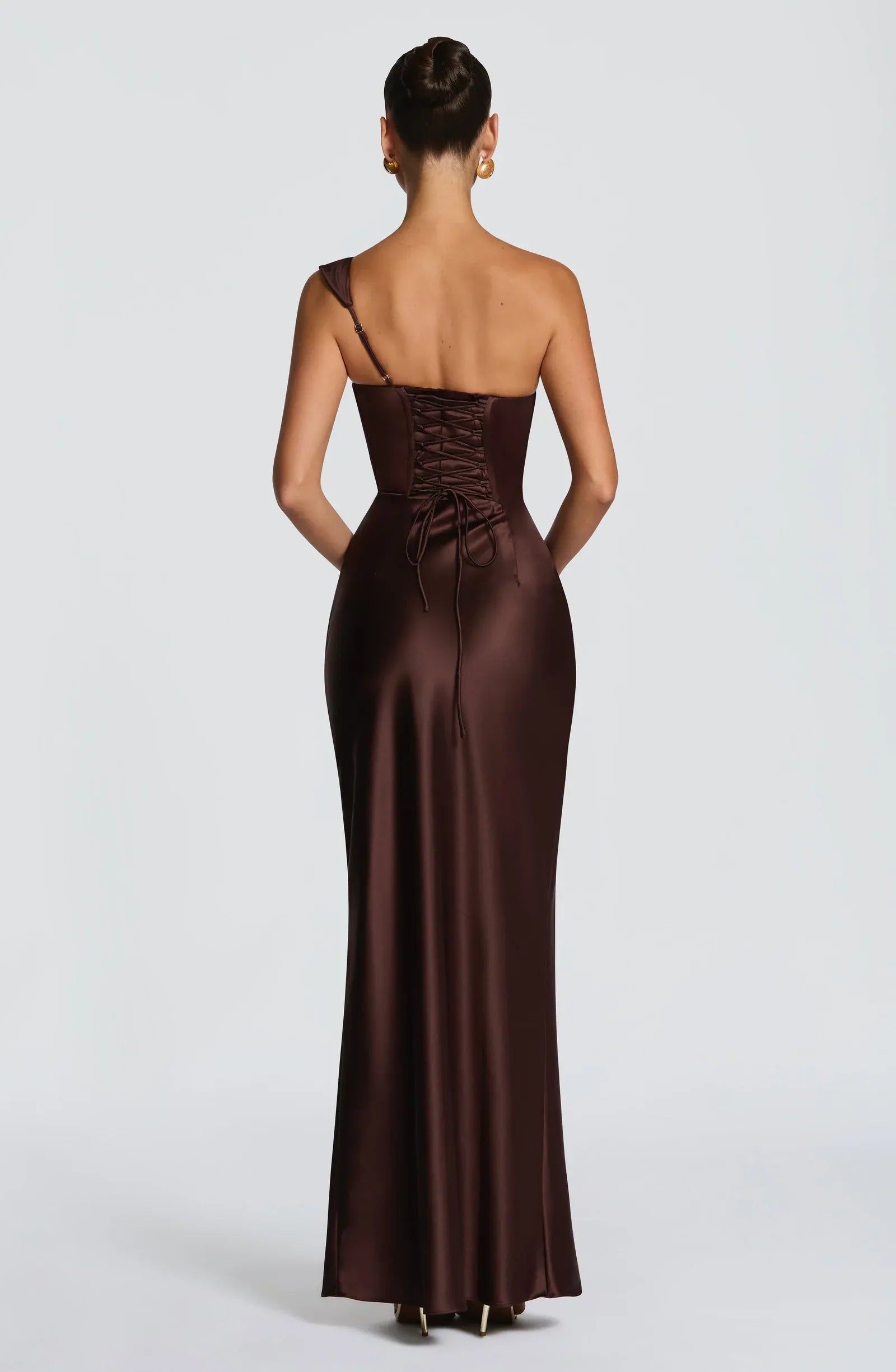 Convertible One Shoulder Cowl Ruched Waist Dark Brown Satin Mermaid Maxi Wedding Guest Dresses