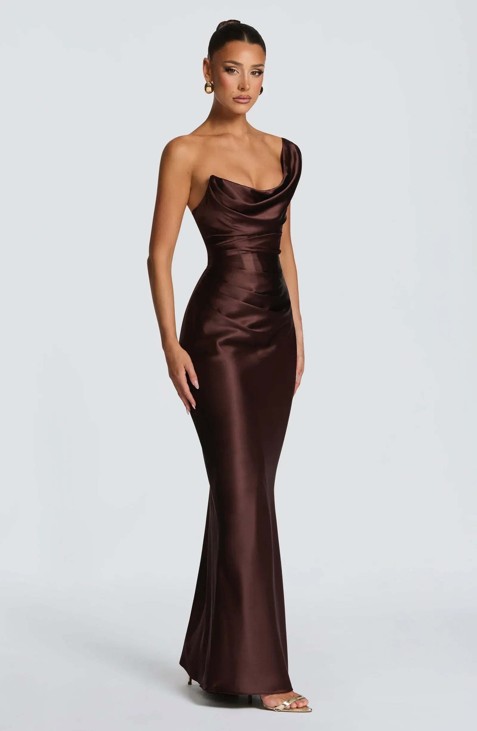 Convertible One Shoulder Cowl Ruched Waist Dark Brown Satin Mermaid Maxi Wedding Guest Dresses