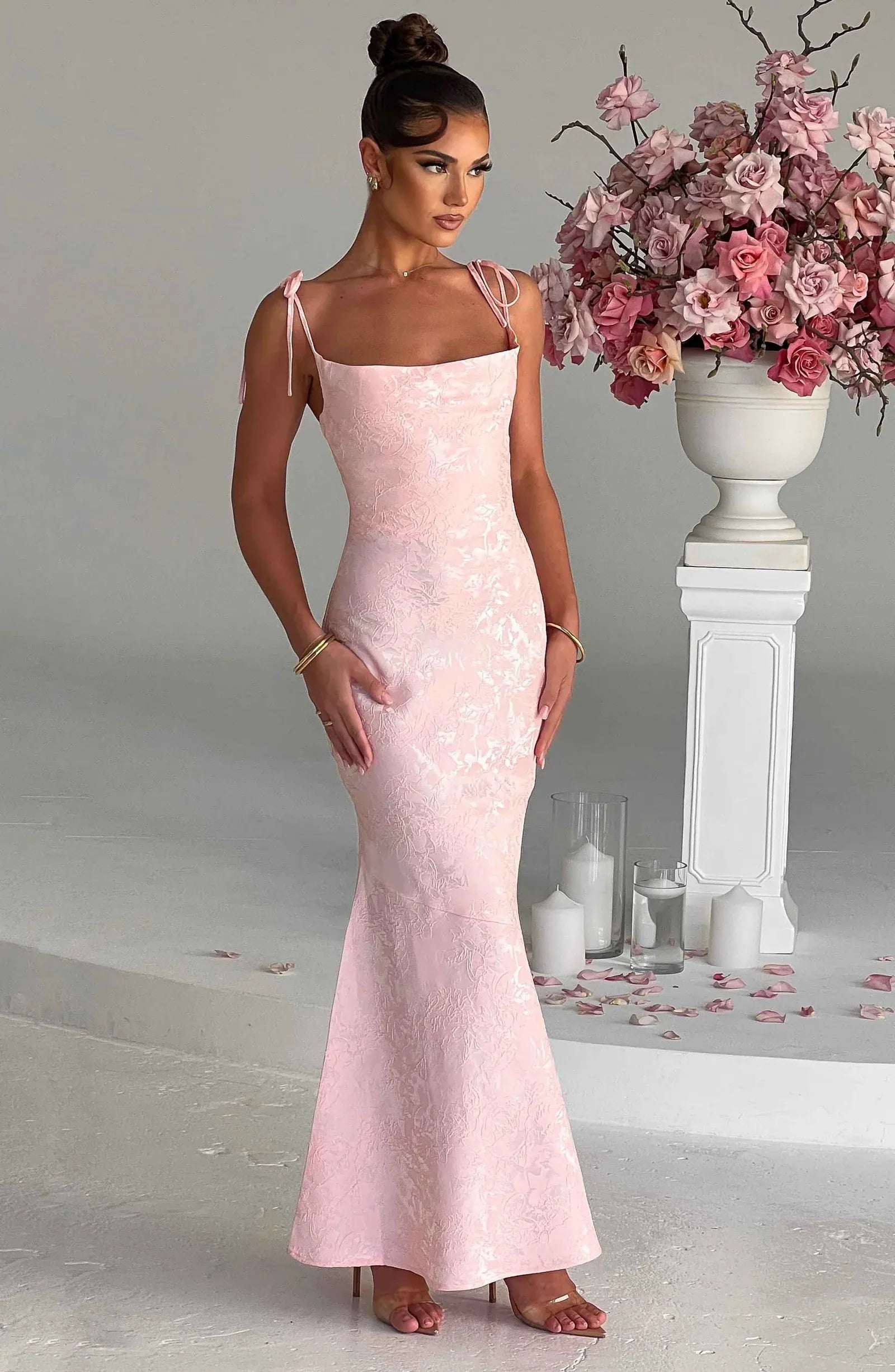 Convertible Tie Strap Square Neck Floral Jacquard Mermaid Maxi Blush Pink Wedding Guest Dresses